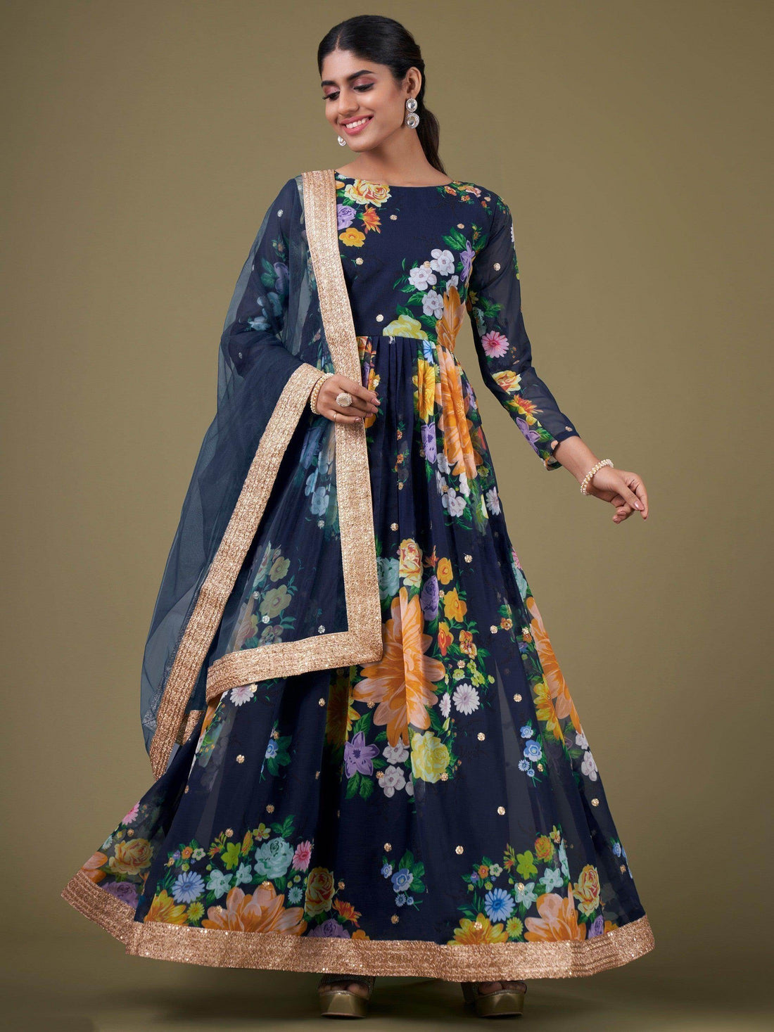 Stunning Navy Blue Floral Printed Georgette Gown With Dupatta - Zeel Clothing