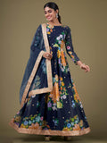 Stunning Navy Blue Floral Printed Georgette Gown With Dupatta - Zeel Clothing
