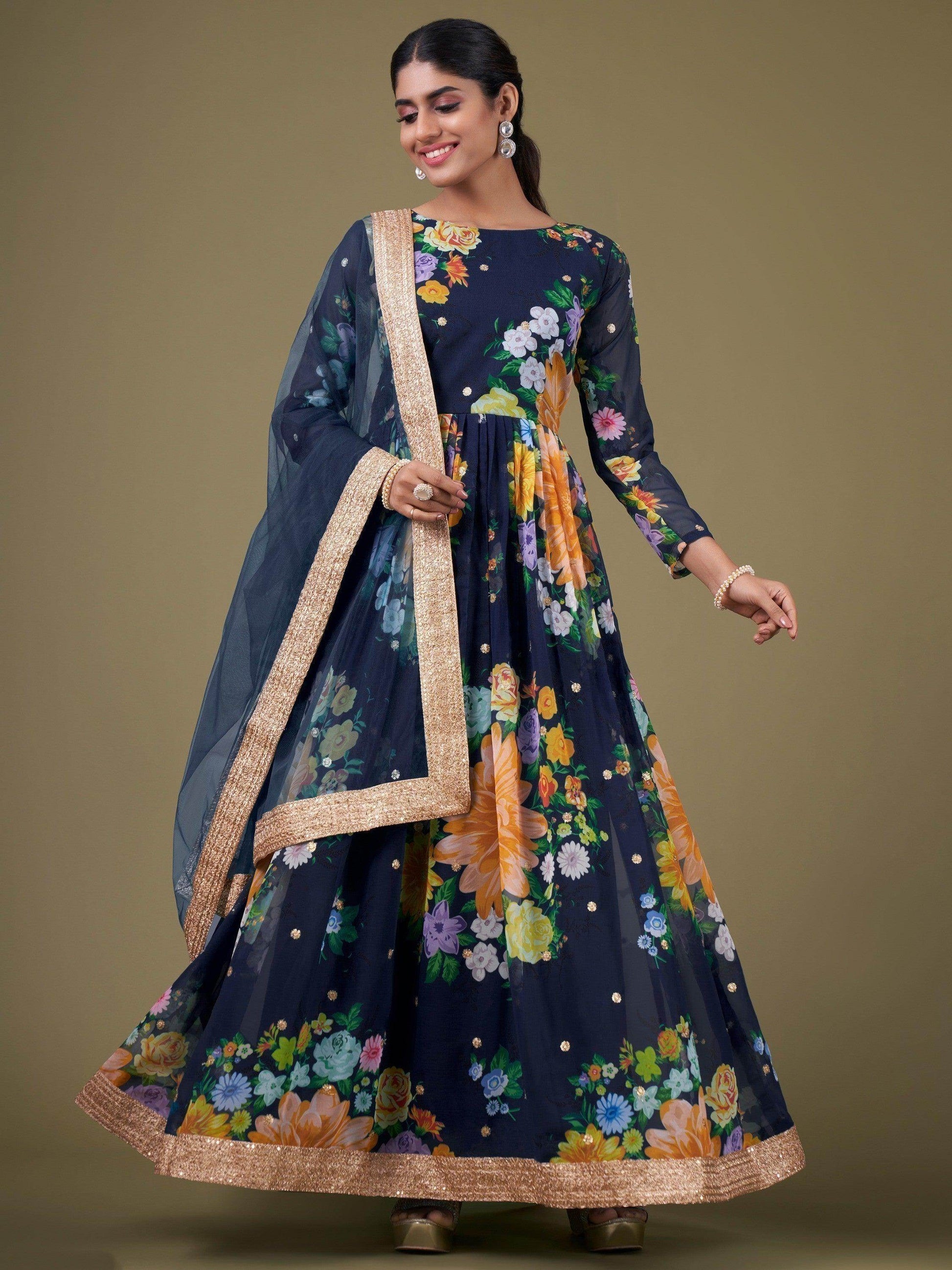 Stunning Navy Blue Floral Printed Georgette Gown With Dupatta - Zeel Clothing