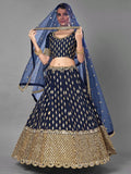 Stunning Navy Blue Foil Mirror Work Silk Party Wear Lehenga Choli With Dupatta - Zeel Clothing