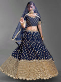 Stunning Navy Blue Foil Mirror Work Silk Party Wear Lehenga Choli With Dupatta - Zeel Clothing