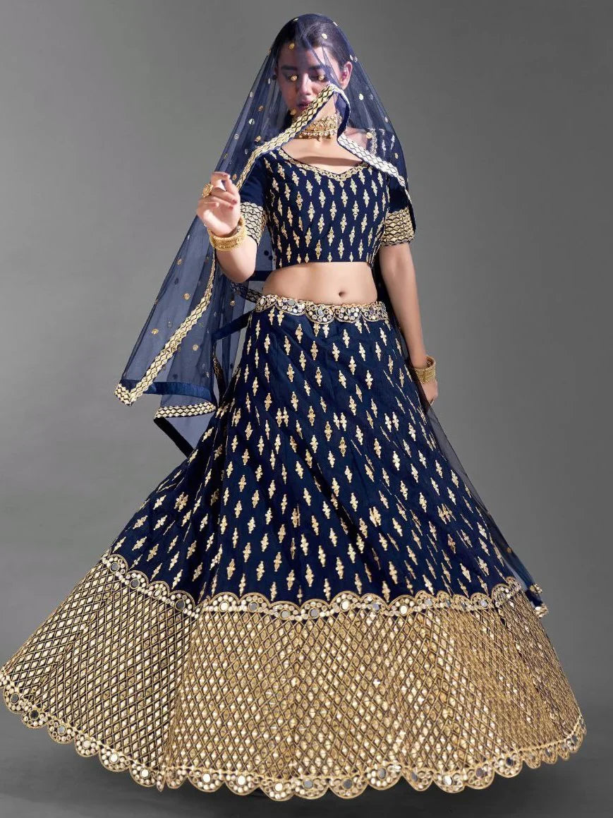 Stunning Navy Blue Foil Mirror Work Silk Party Wear Lehenga Choli With Dupatta - Zeel Clothing