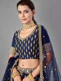 Stunning Navy Blue Foil Mirror Work Silk Party Wear Lehenga Choli With Dupatta - Zeel Clothing