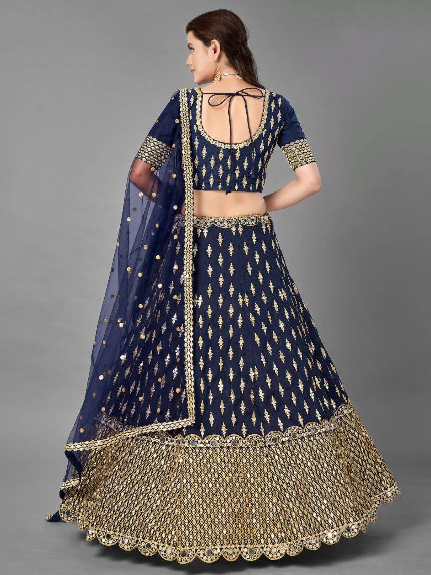Stunning Navy Blue Foil Mirror Work Silk Party Wear Lehenga Choli With Dupatta - Zeel Clothing