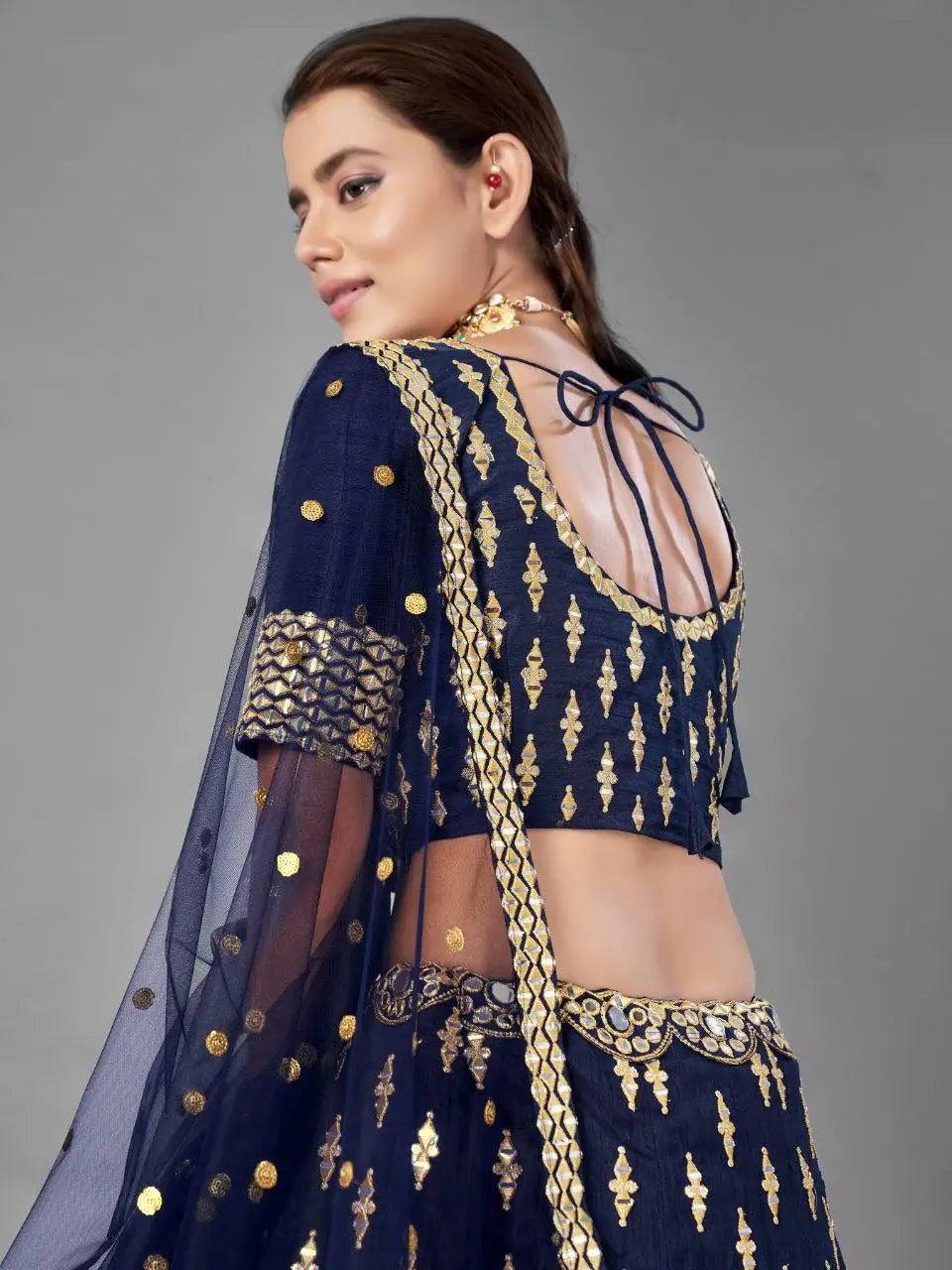 Stunning Navy Blue Foil Mirror Work Silk Party Wear Lehenga Choli With Dupatta - Zeel Clothing
