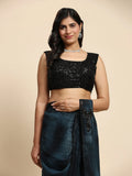 Stunning Navy Blue Printed Satin Ready To Wear Saree With Blouse - Zeel Clothing