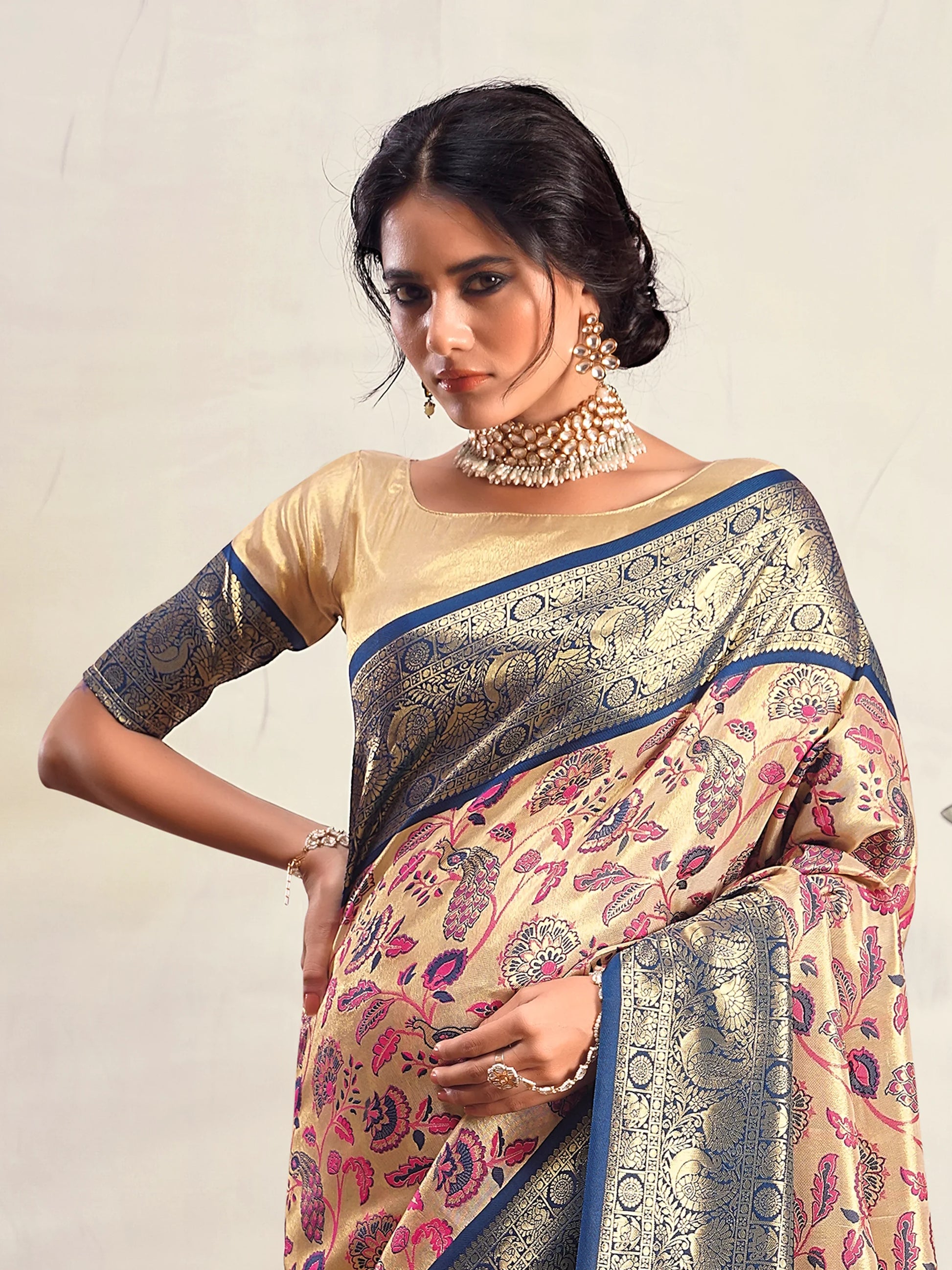 Stunning Navy Blue Printed Silk Festival Wear Saree With Blouse - Zeel Clothing