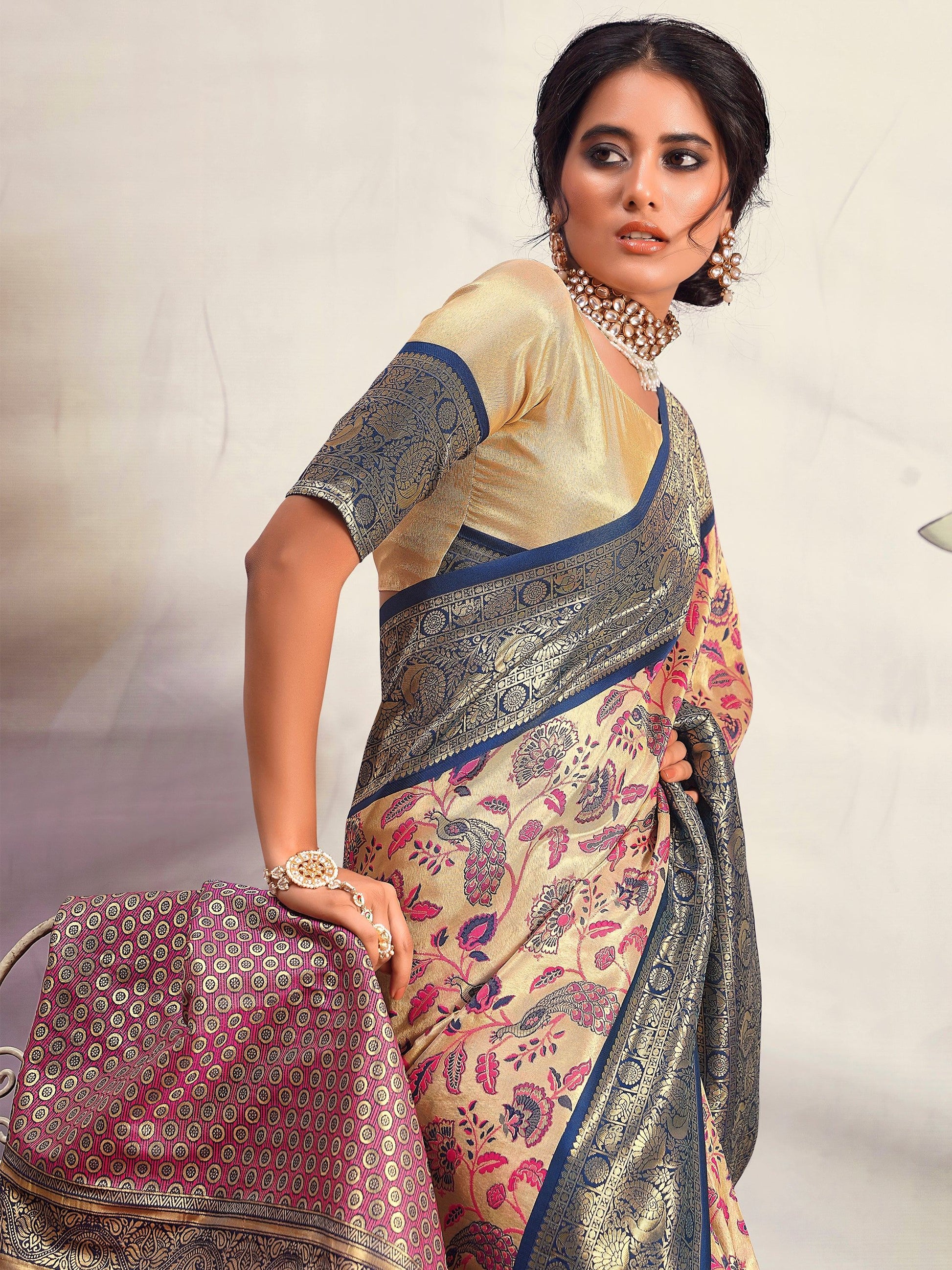 Stunning Navy Blue Printed Silk Festival Wear Saree With Blouse - Zeel Clothing