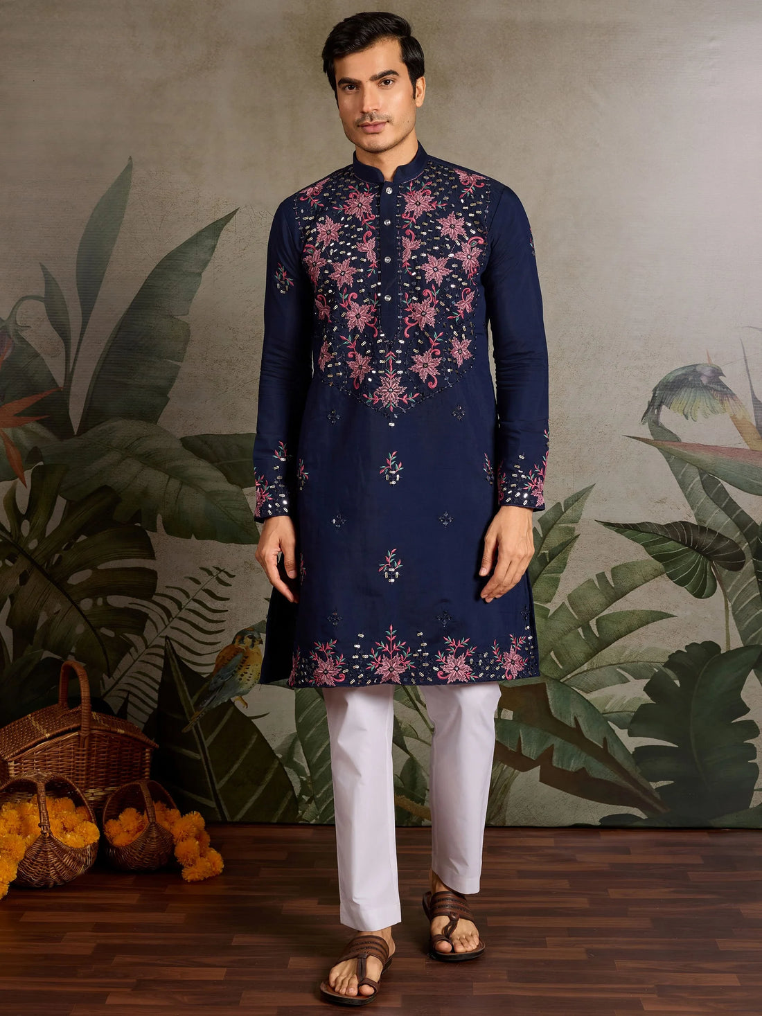 Stunning Navy Blue Sequins Viscose Silk Wedding Wear Men Kurta And Pant Set