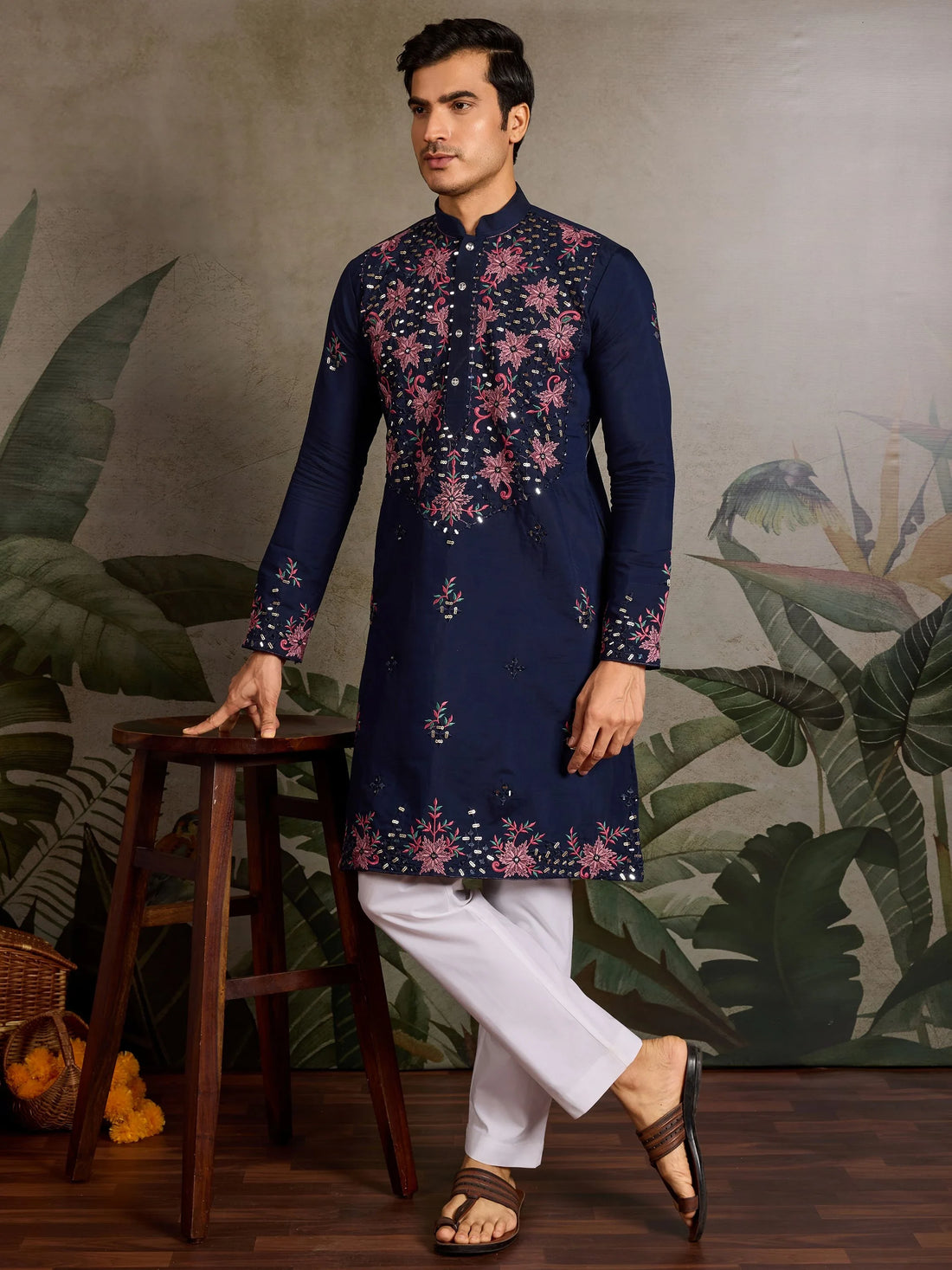 Stunning Navy Blue Sequins Viscose Silk Wedding Wear Men Kurta And Pant Set