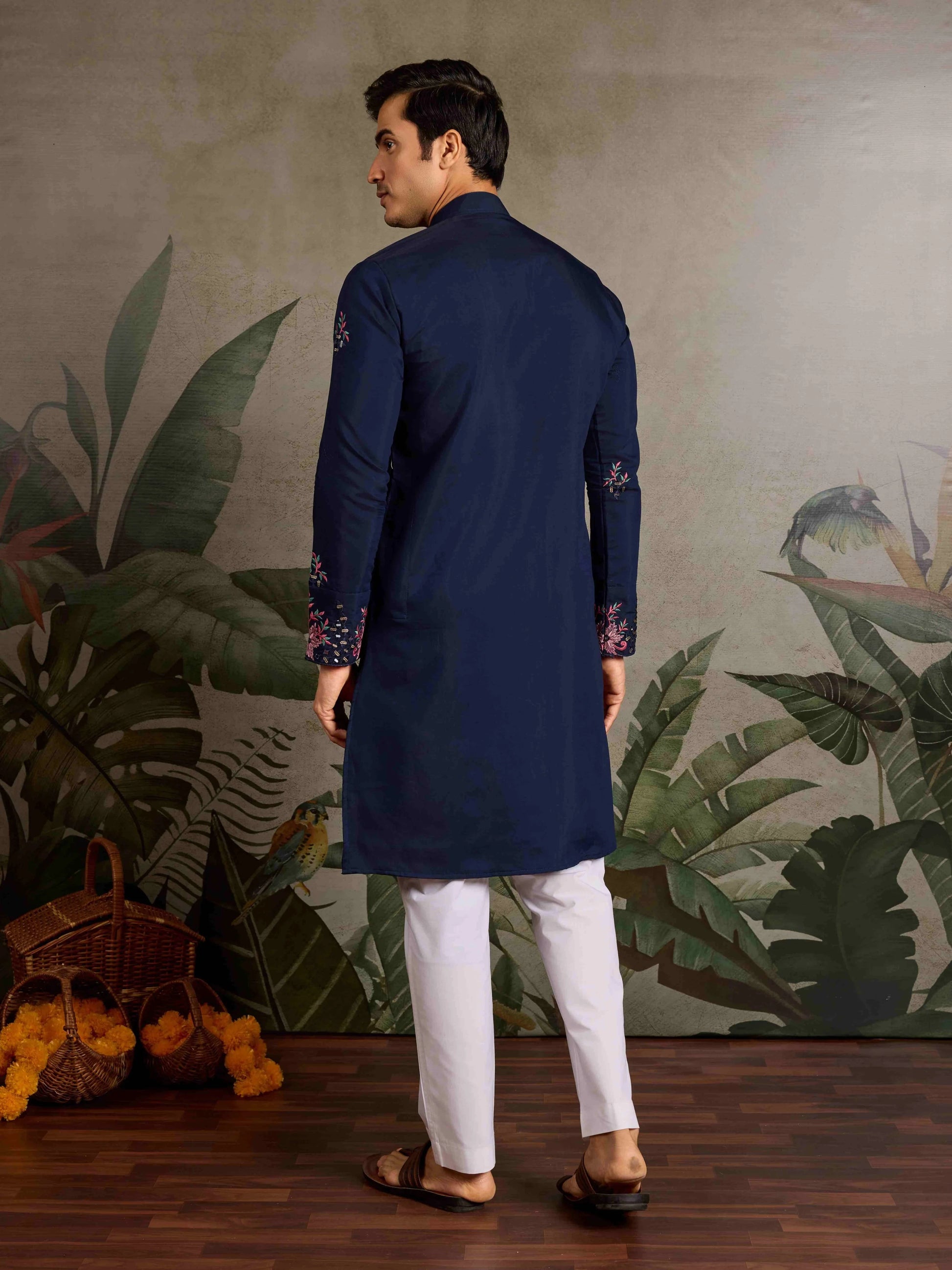 Stunning Navy Blue Sequins Viscose Silk Wedding Wear Men Kurta And Pant Set
