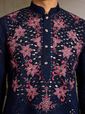 Stunning Navy Blue Sequins Viscose Silk Wedding Wear Men Kurta And Pant Set