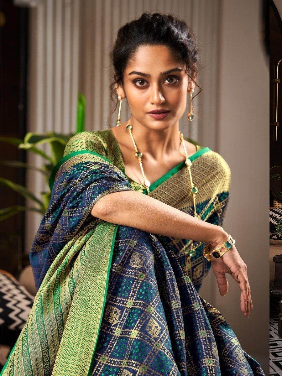 Stunning Navy Blue Weaving Silk Sangeet Wear Saree With Blouse - Zeel Clothing