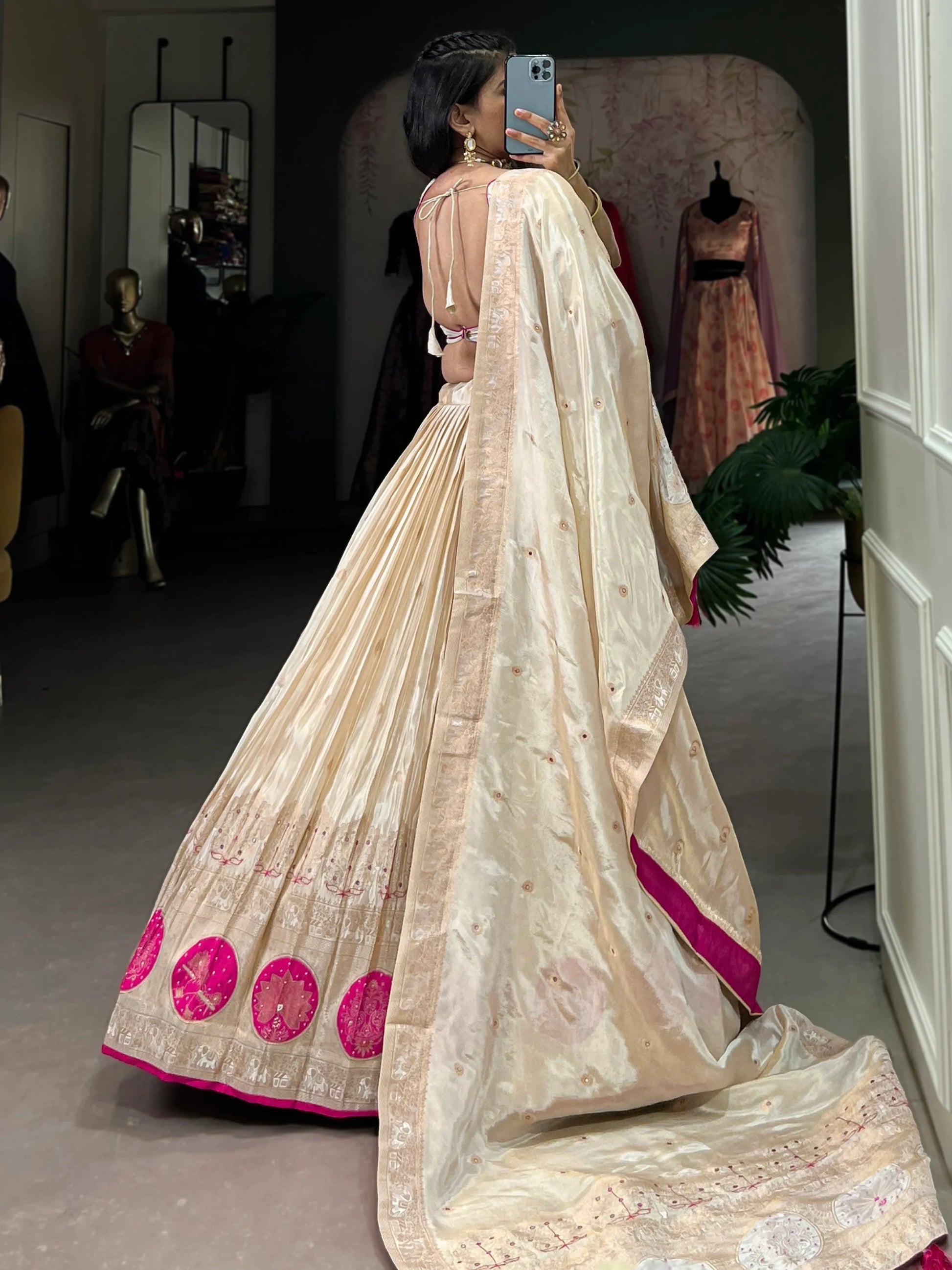 Stunning Off-White Mirror Work Silk Festive Wear Lehenga Choli - Zeel Clothing