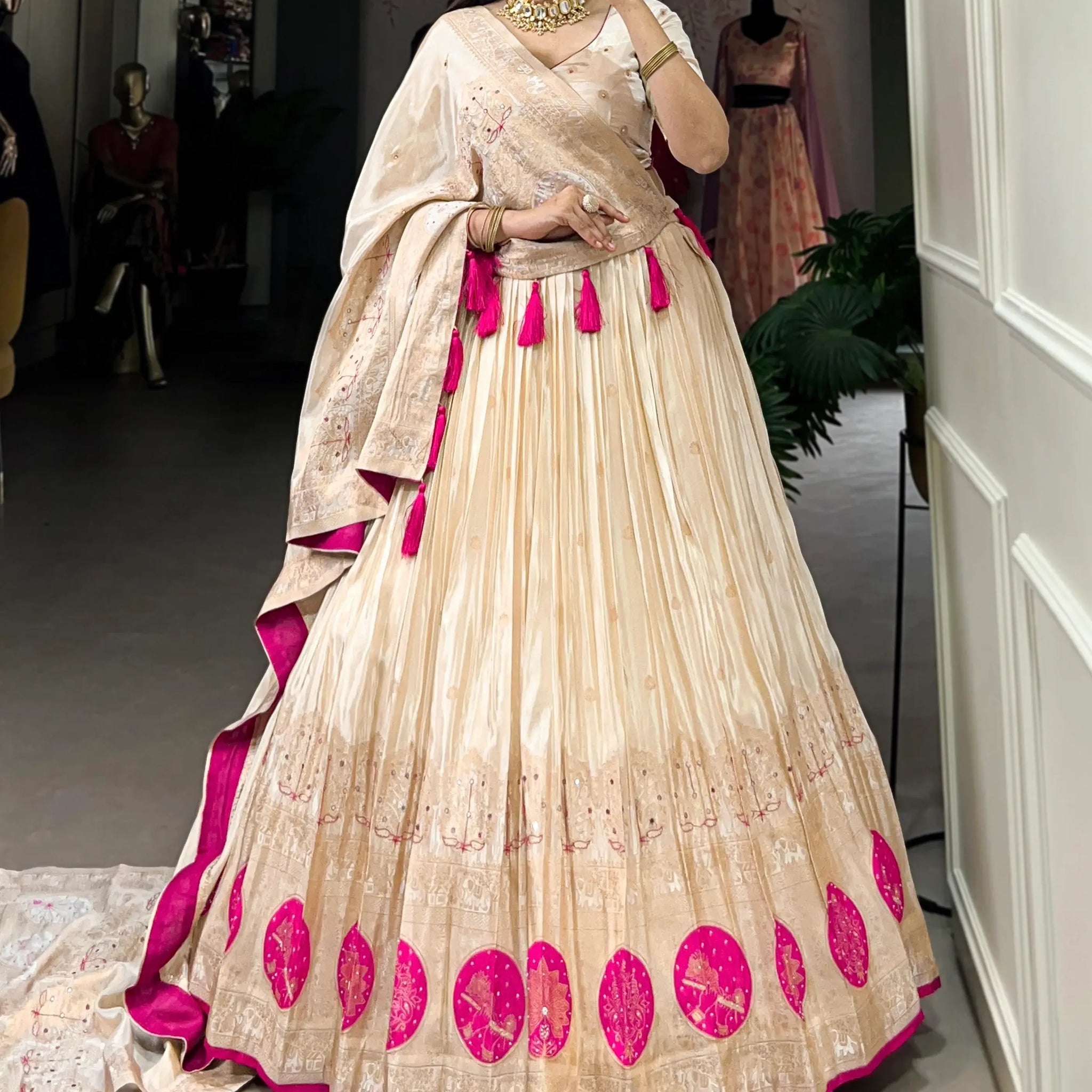 Stunning Off-White Mirror Work Silk Festive Wear Lehenga Choli - Zeel Clothing