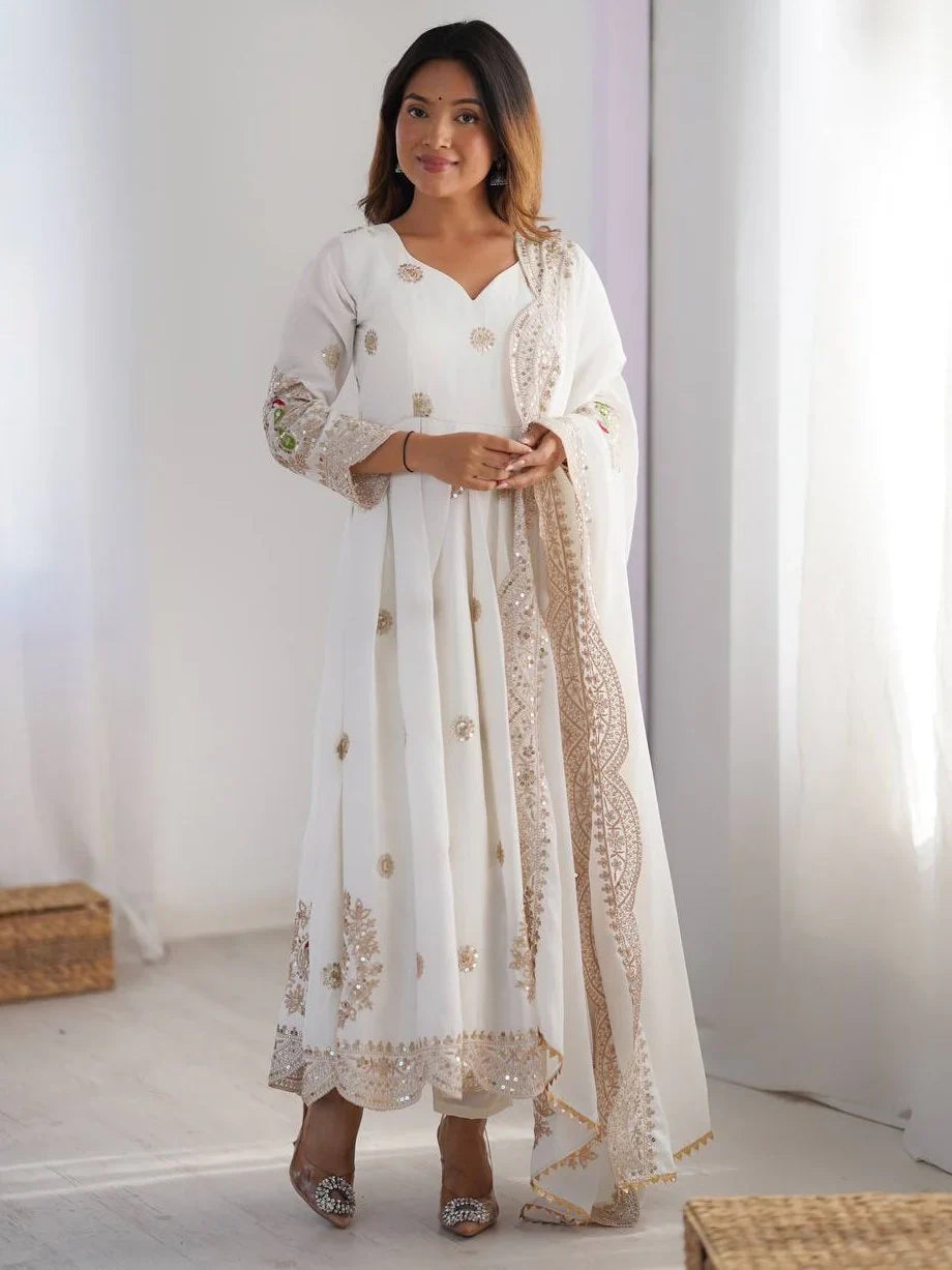 Stunning Off-White Sequins Chinon Silk Festive Wear Anarkali Suit With Dupatta - Zeel Clothing