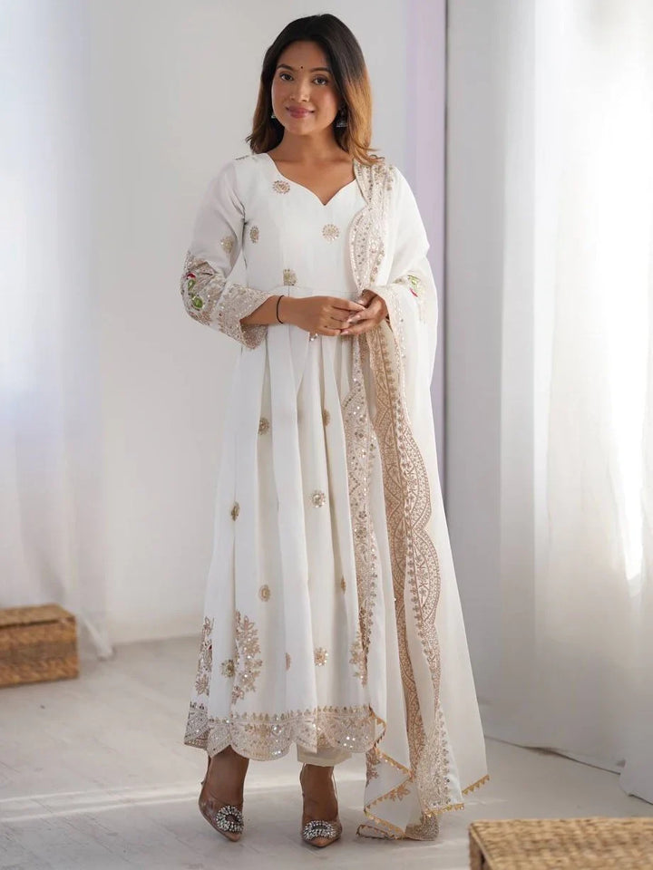 Stunning Off-White Sequins Chinon Silk Festive Wear Anarkali Suit With Dupatta - Zeel Clothing