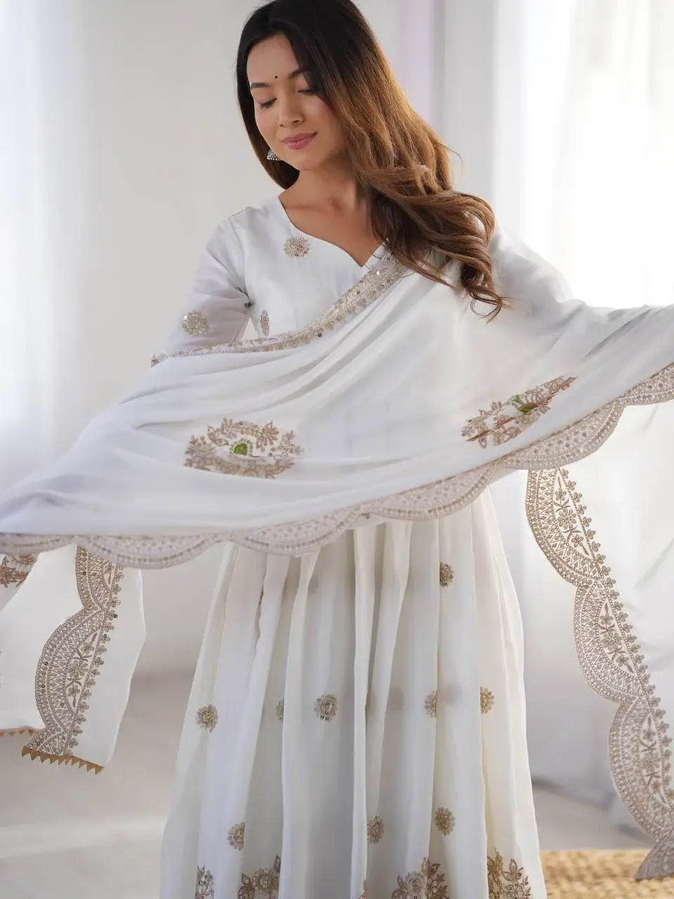 Stunning Off-White Sequins Chinon Silk Festive Wear Anarkali Suit With Dupatta - Zeel Clothing
