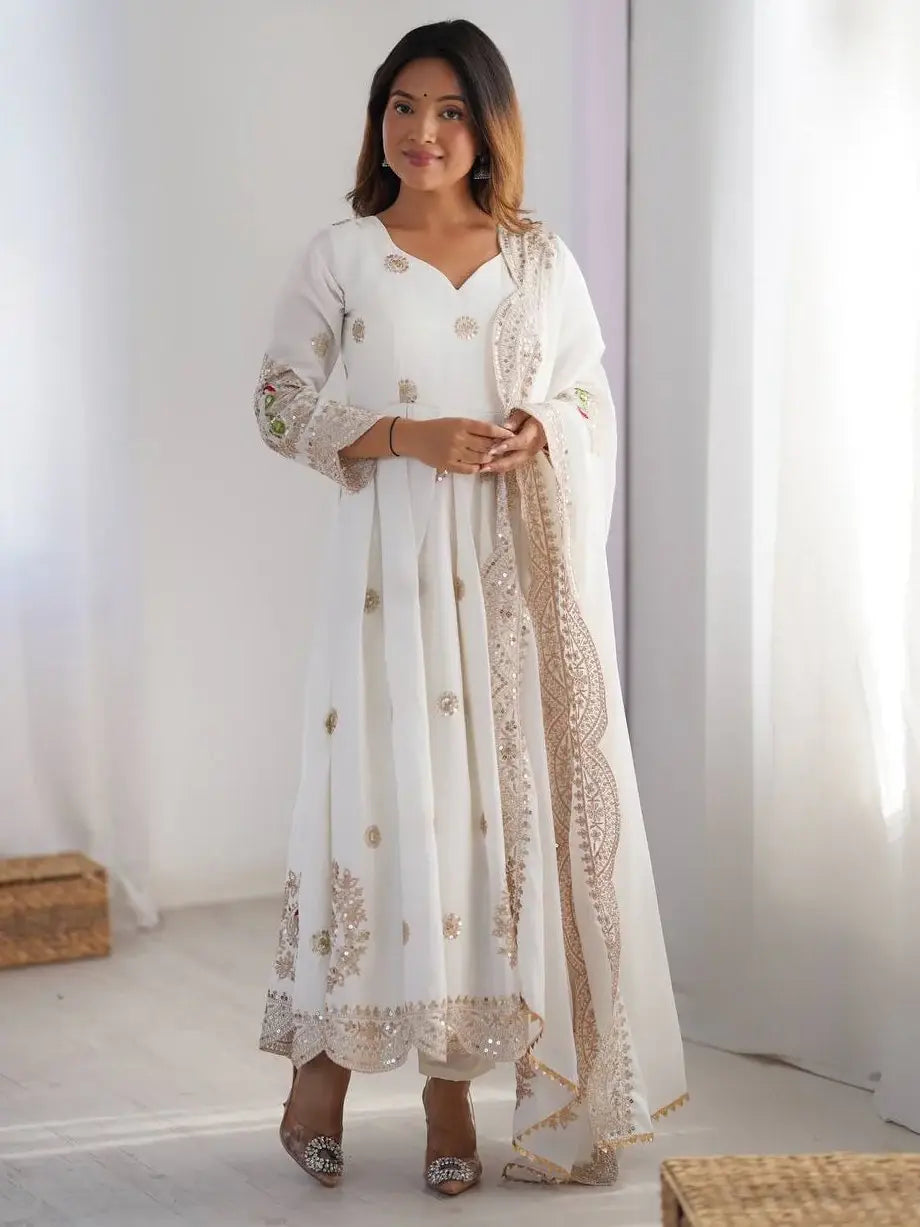 Stunning Off-White Sequins Chinon Silk Festive Wear Anarkali Suit With Dupatta - Zeel Clothing