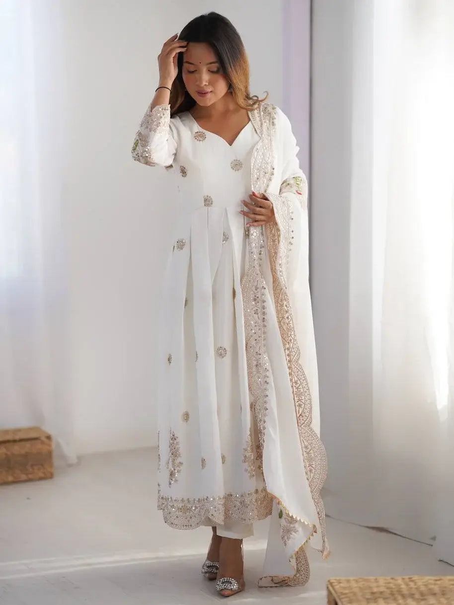 Stunning Off-White Sequins Chinon Silk Festive Wear Anarkali Suit With Dupatta - Zeel Clothing