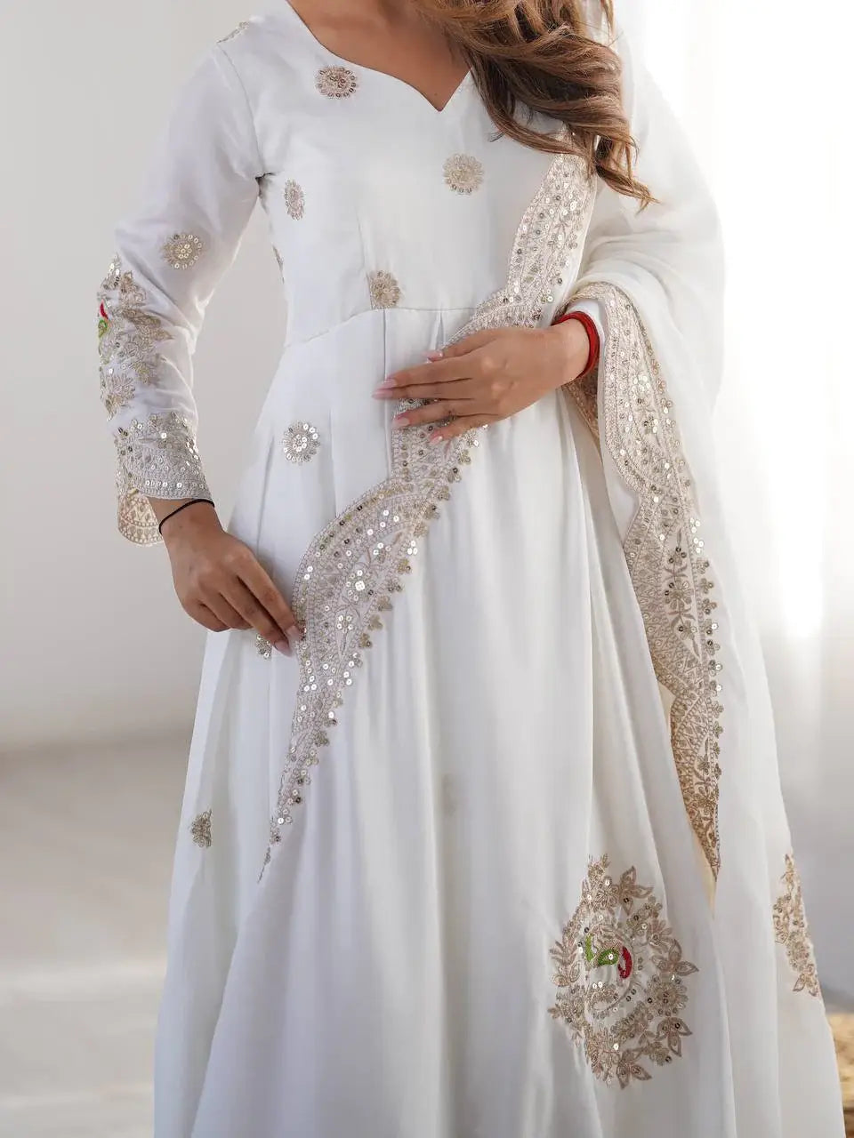 Stunning Off-White Sequins Chinon Silk Festive Wear Anarkali Suit With Dupatta - Zeel Clothing