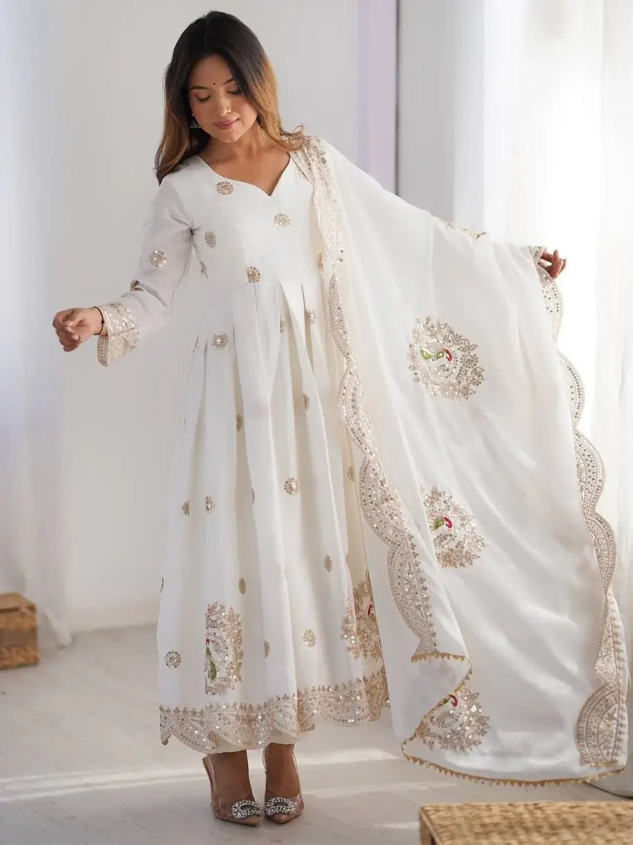 Stunning Off-White Sequins Chinon Silk Festive Wear Anarkali Suit With Dupatta - Zeel Clothing