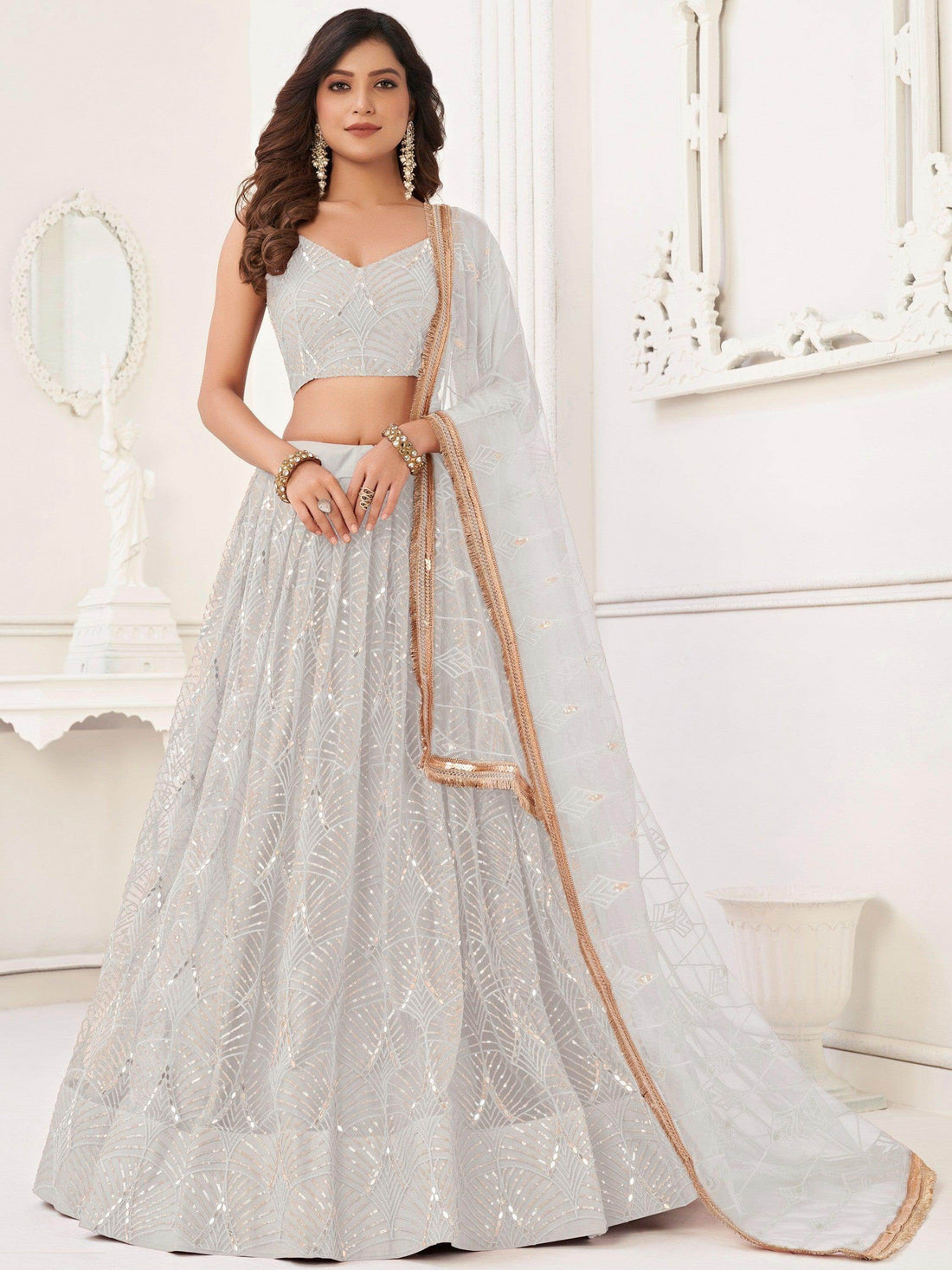 Stunning Off-White Sequins Net Wedding Wear Lehenga Choli With Dupatta - Zeel Clothing