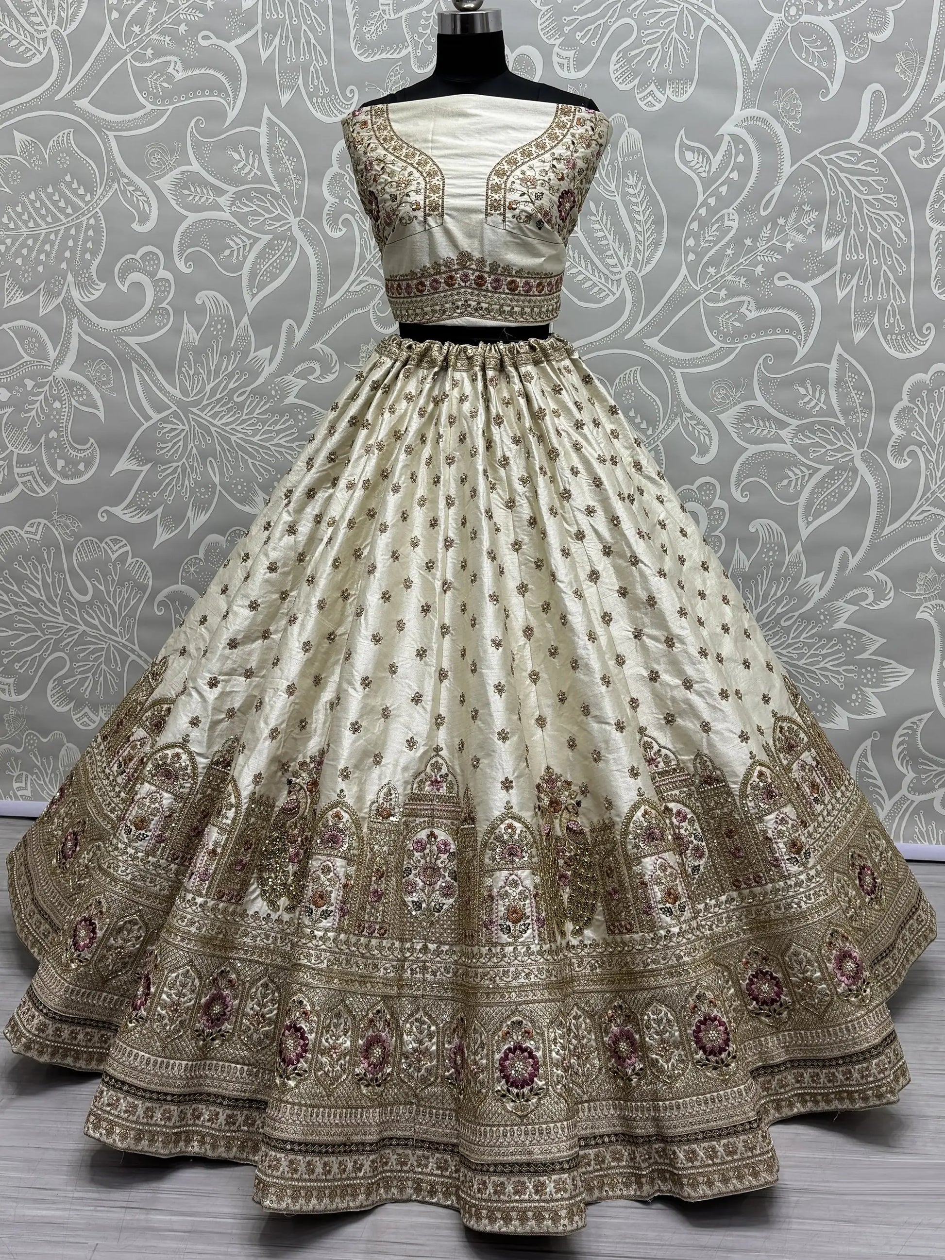 Stunning Off-White Sequins Work Silk Wedding Lehenga Choli With Double Dupatta - Zeel Clothing