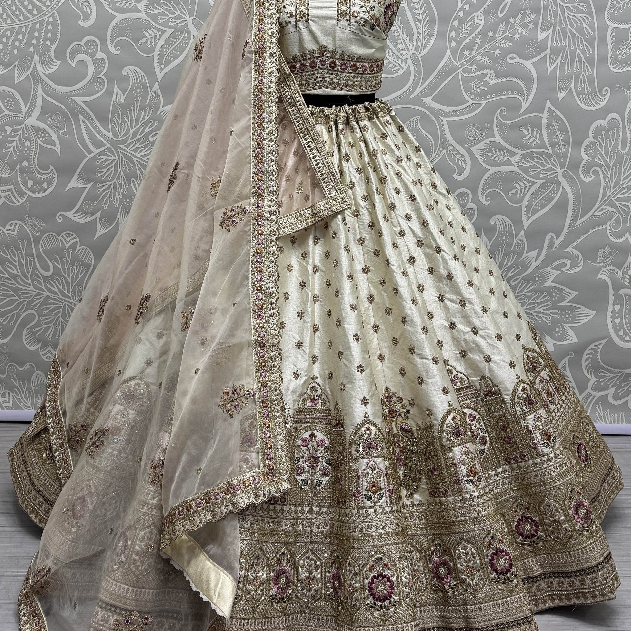 Stunning Off-White Sequins Work Silk Wedding Lehenga Choli With Double Dupatta - Zeel Clothing