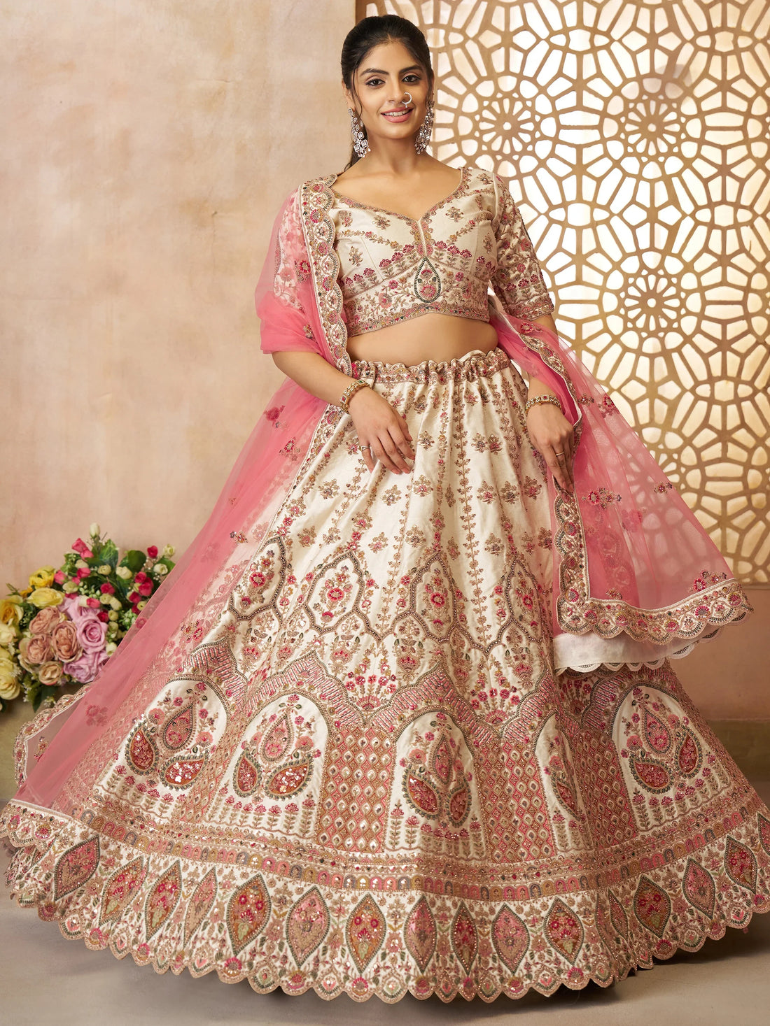 Stunning Off-White Thread Work Silk Wedding Lehenga Choli - Zeel Clothing