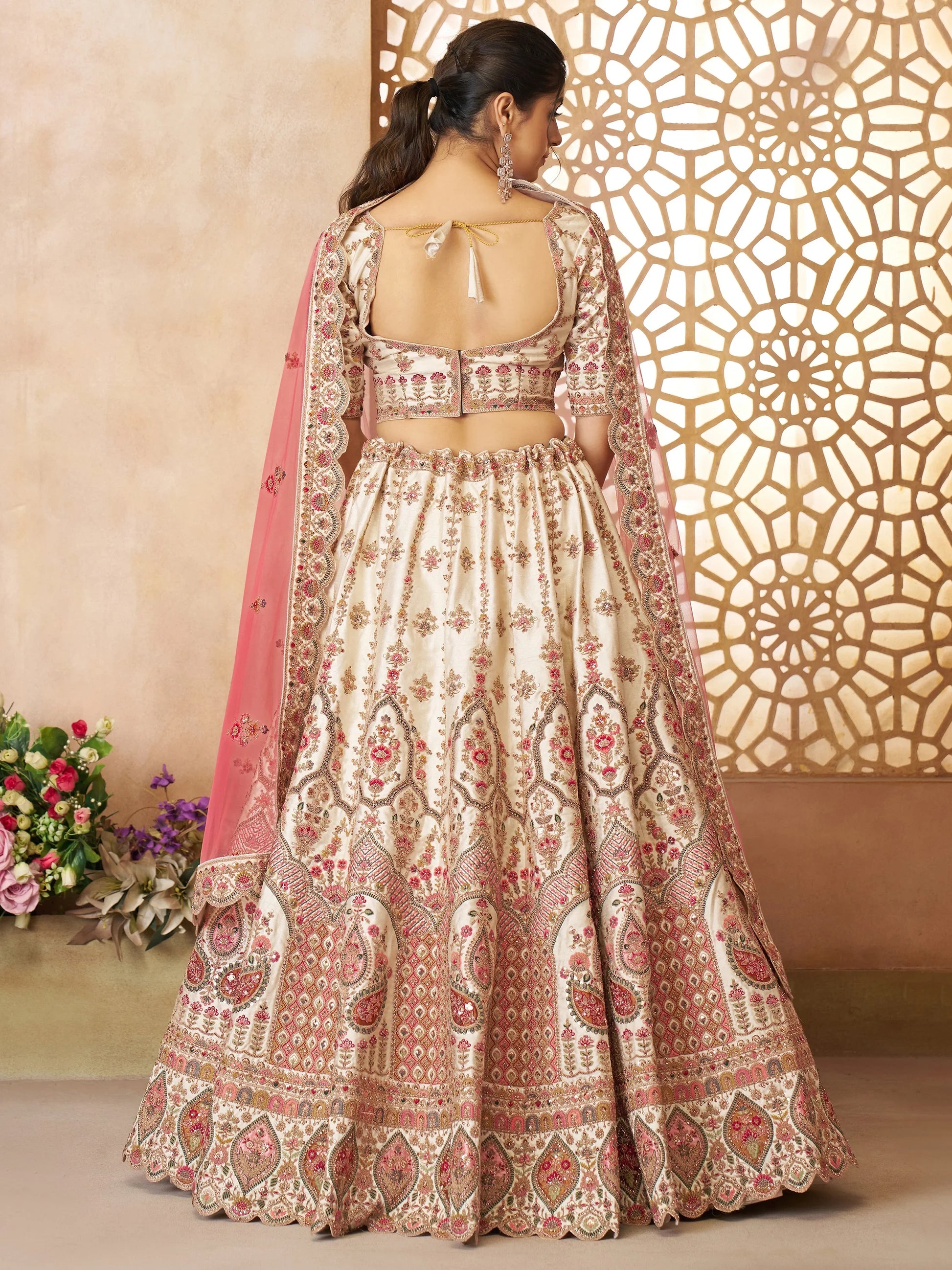 Stunning Off-White Thread Work Silk Wedding Lehenga Choli - Zeel Clothing