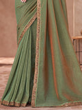 Stunning Olive Green Embroidered Border Work Georgette Mehendi Wear Saree - Zeel Clothing