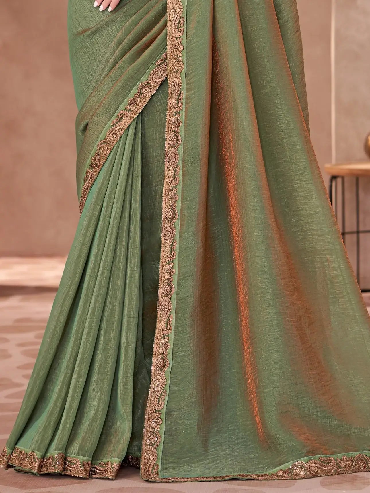 Stunning Olive Green Embroidered Border Work Georgette Mehendi Wear Saree - Zeel Clothing