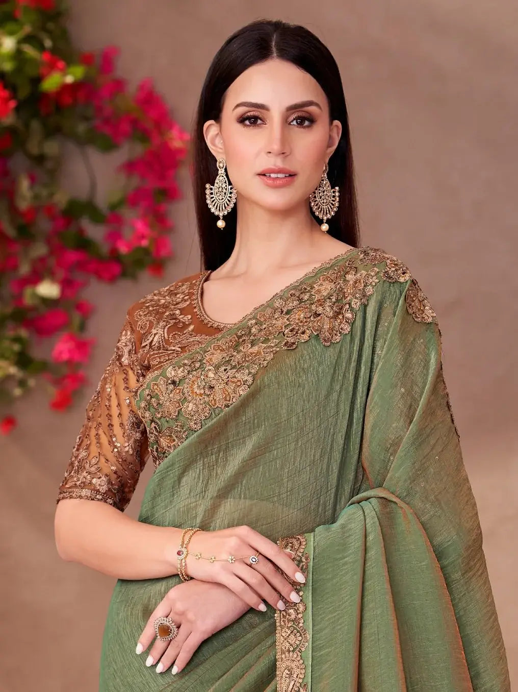 Stunning Olive Green Embroidered Border Work Georgette Mehendi Wear Saree - Zeel Clothing