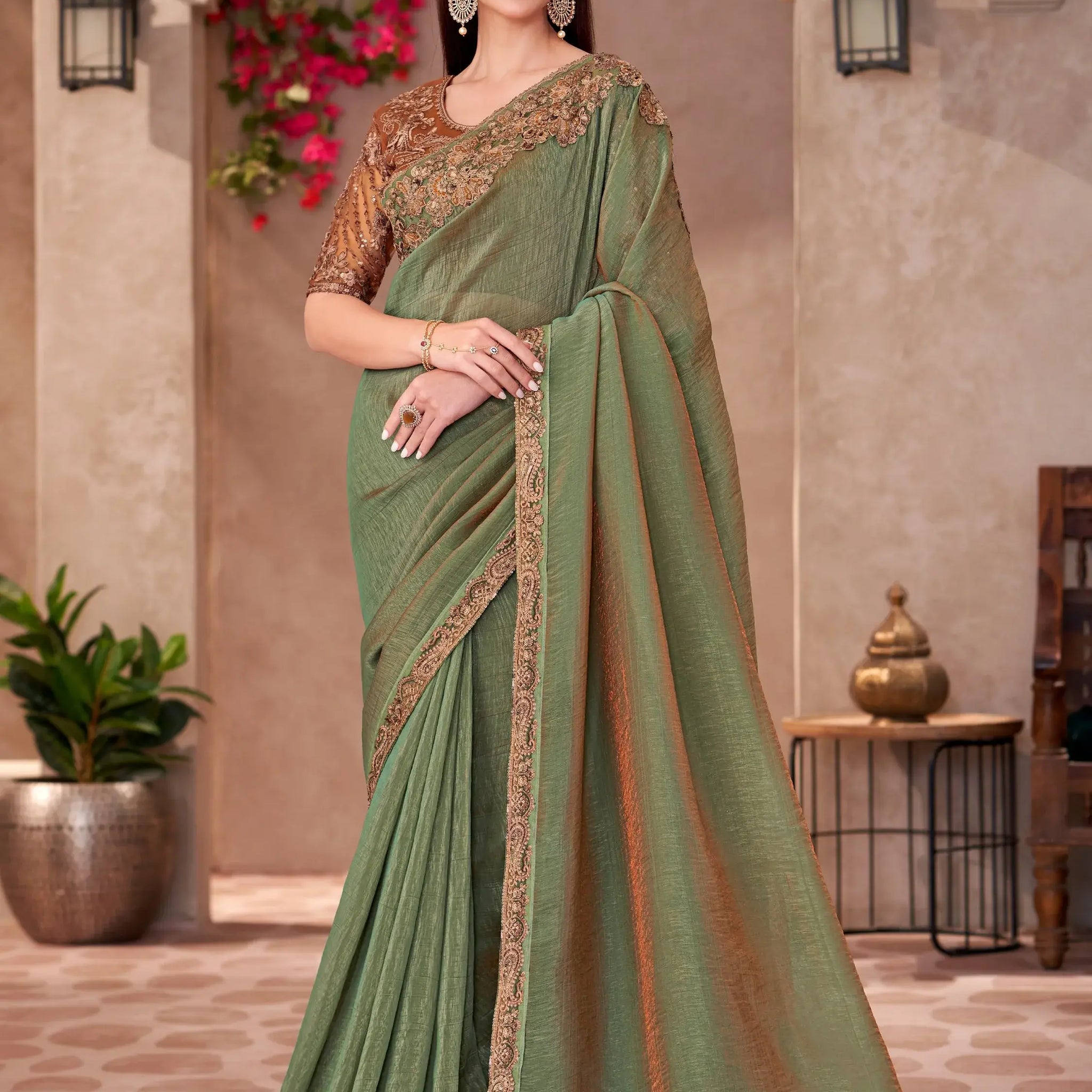 Stunning Olive Green Embroidered Border Work Georgette Mehendi Wear Saree - Zeel Clothing