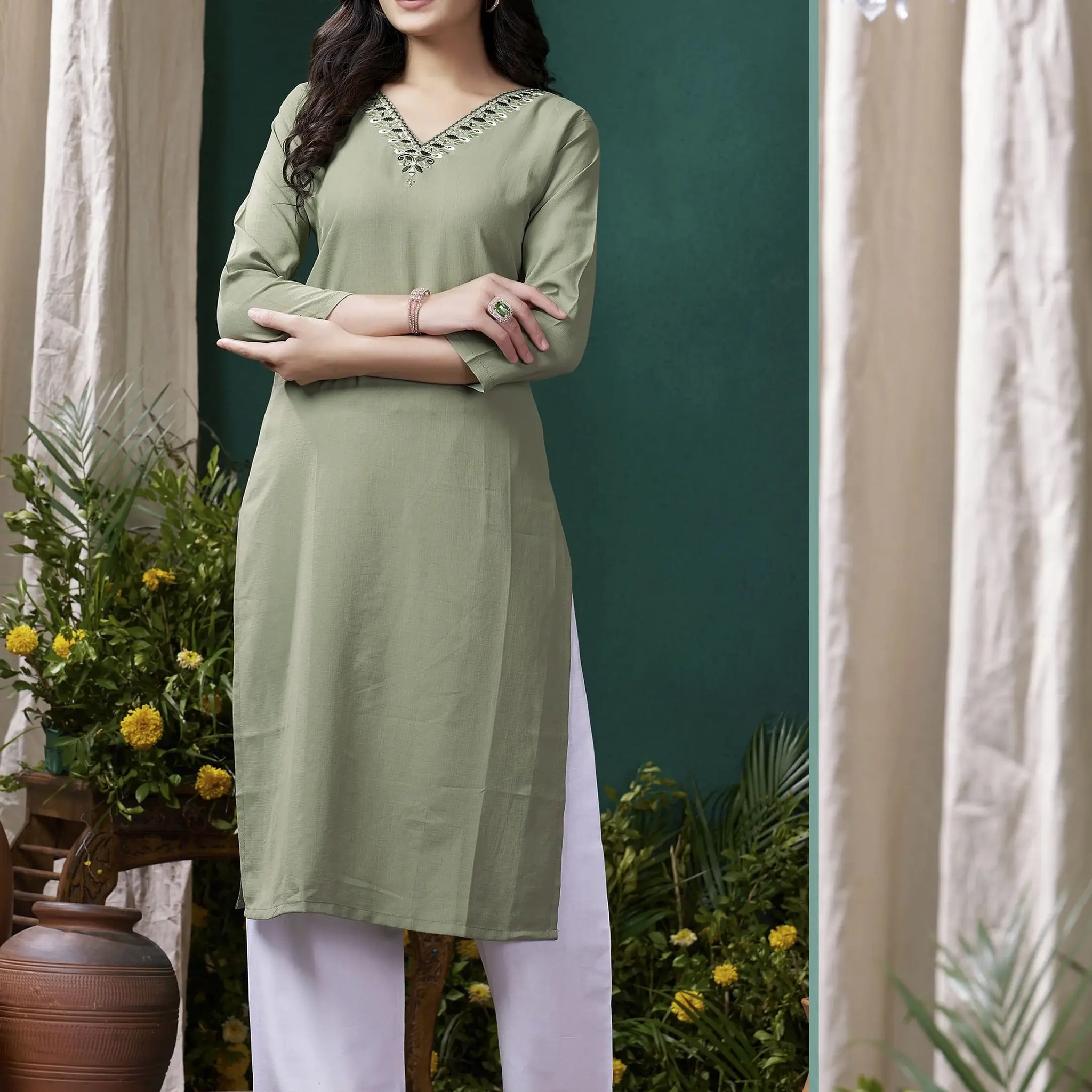 Stunning Olive Green Embroidered Cotton Casual Wear Kurti With Pant - Zeel Clothing