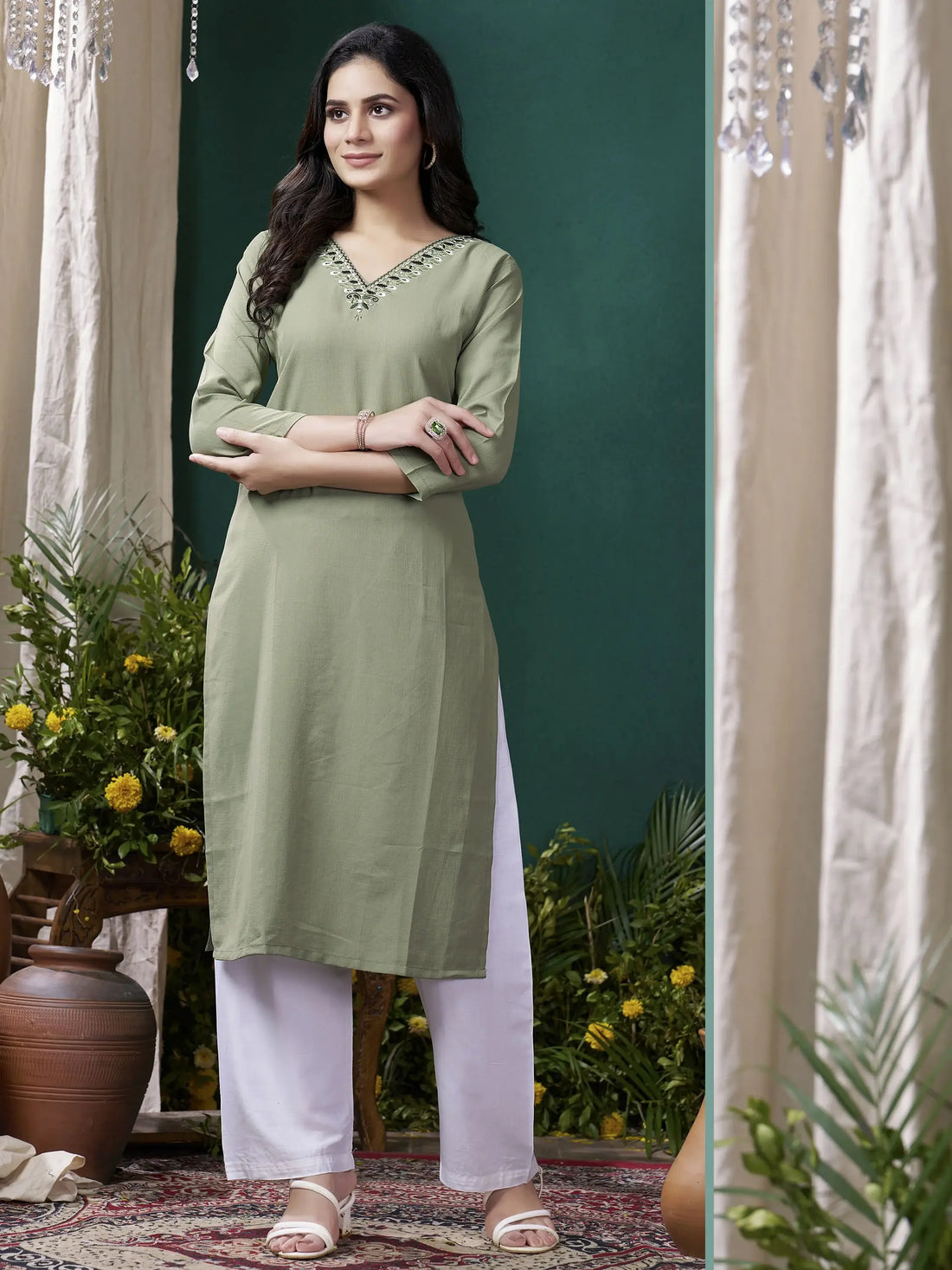 Stunning Olive Green Embroidered Cotton Casual Wear Kurti With Pant - Zeel Clothing