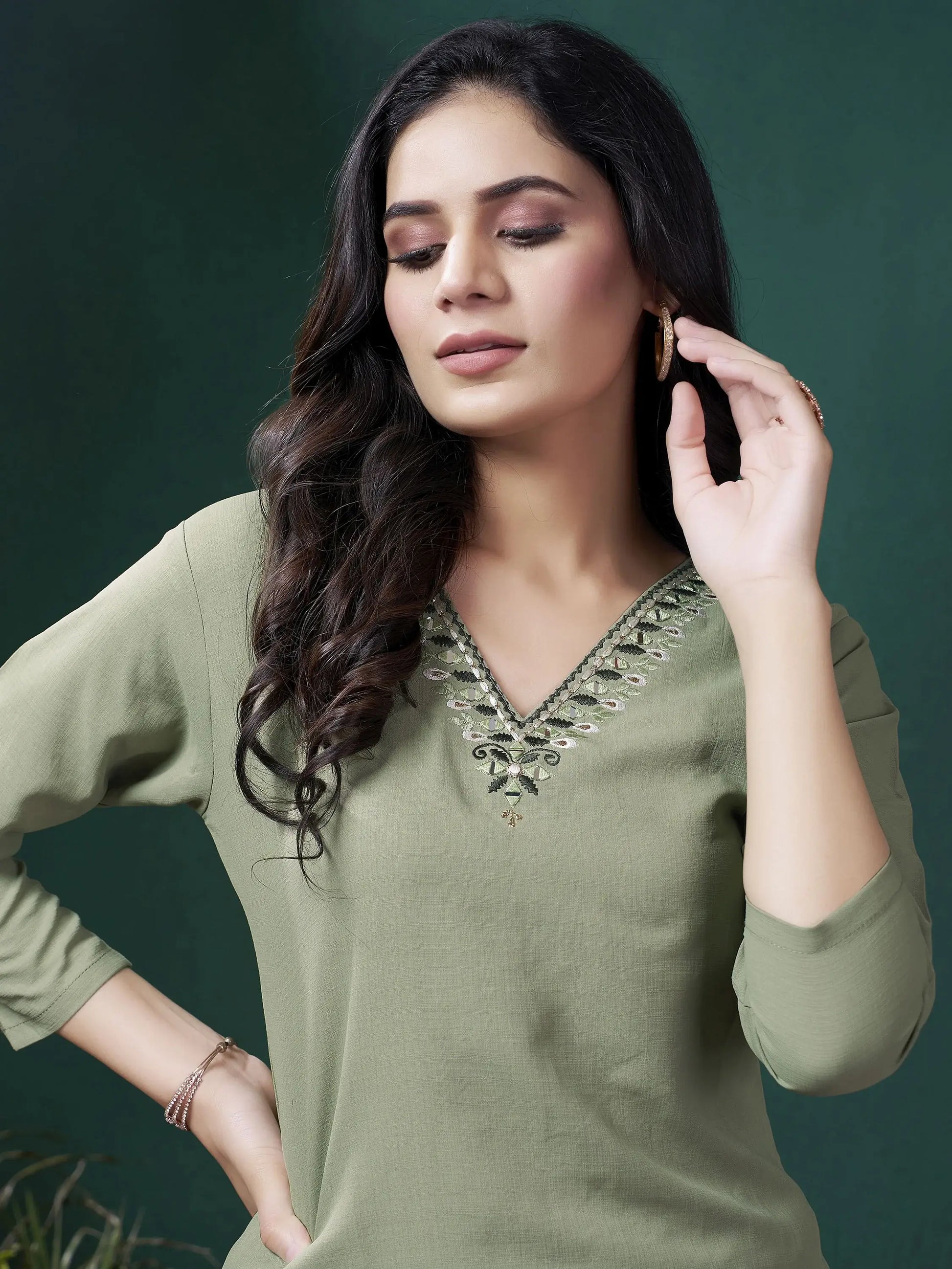 Stunning Olive Green Embroidered Cotton Casual Wear Kurti With Pant - Zeel Clothing