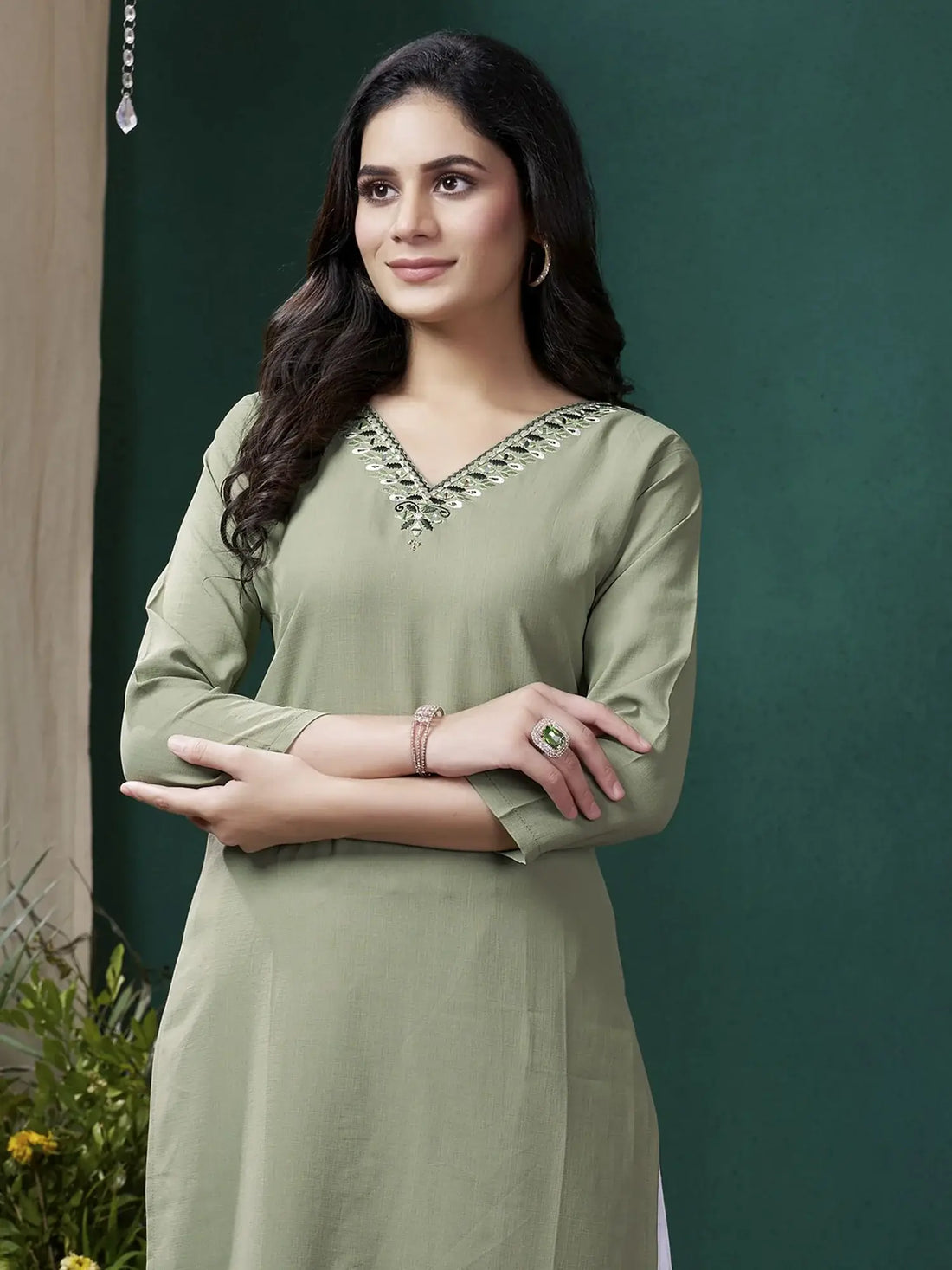 Stunning Olive Green Embroidered Cotton Casual Wear Kurti With Pant - Zeel Clothing
