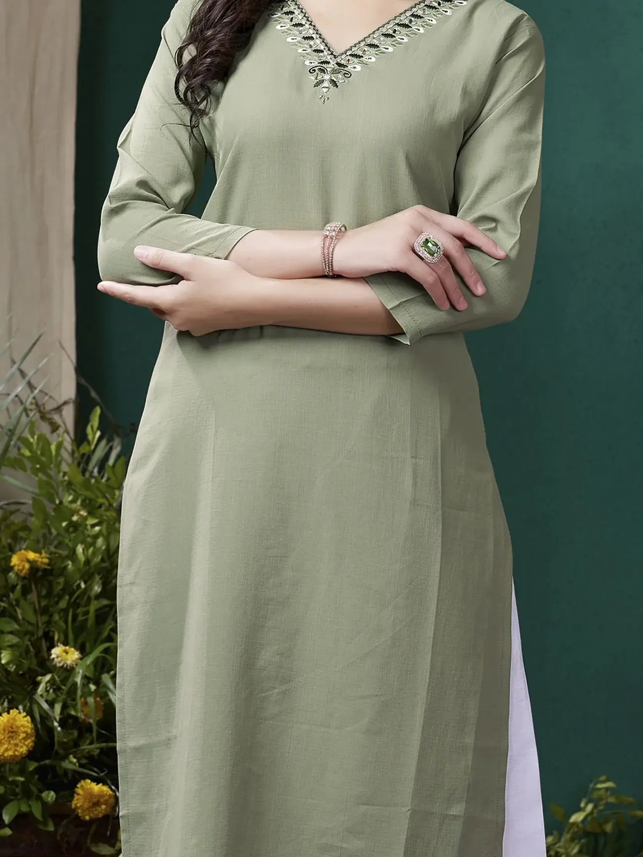 Stunning Olive Green Embroidered Cotton Casual Wear Kurti With Pant - Zeel Clothing