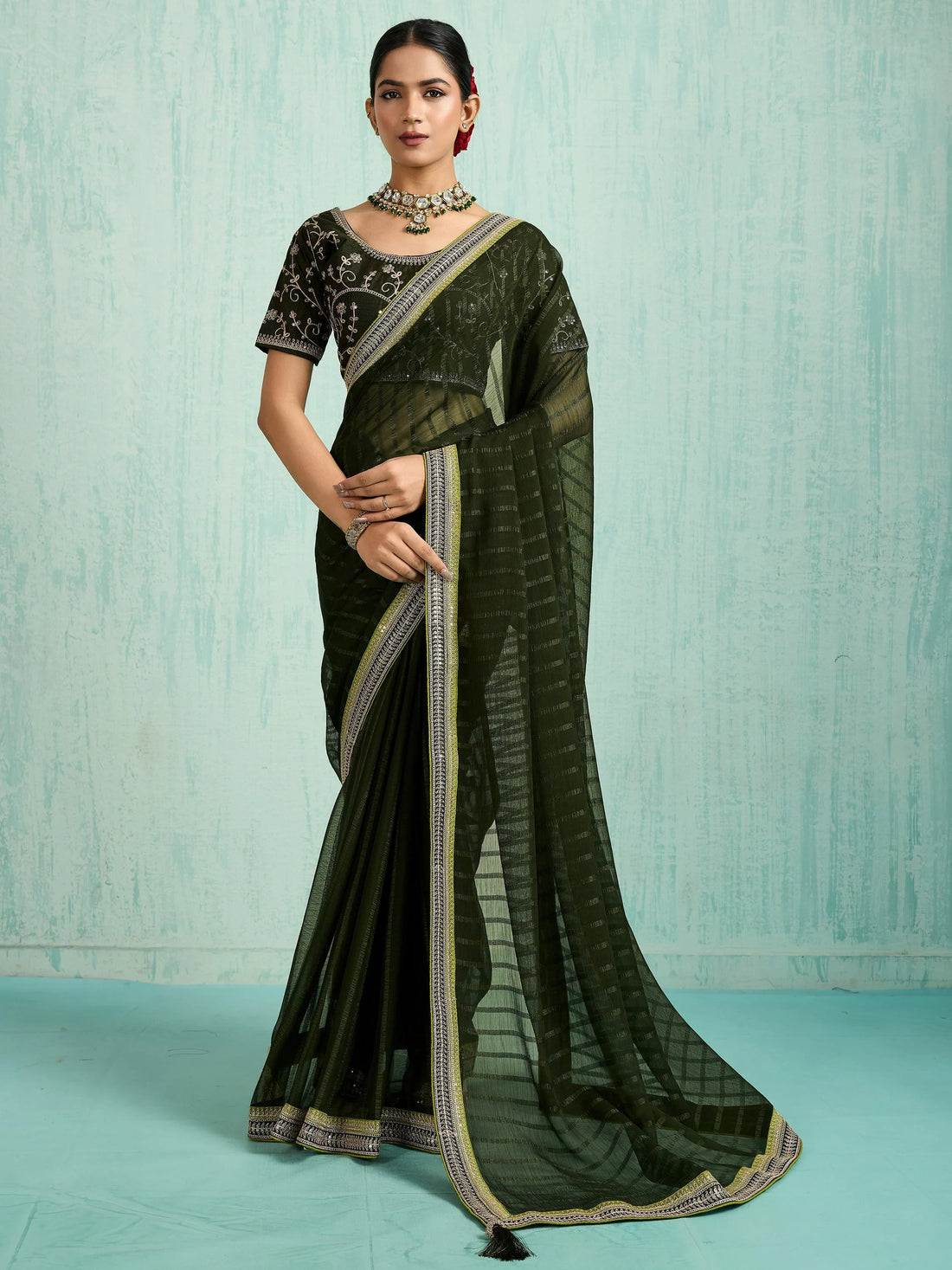 Stunning Olive Green Embroidery Border Chiffon Event Wear Saree With Blouse