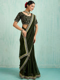 Stunning Olive Green Embroidery Border Chiffon Event Wear Saree With Blouse