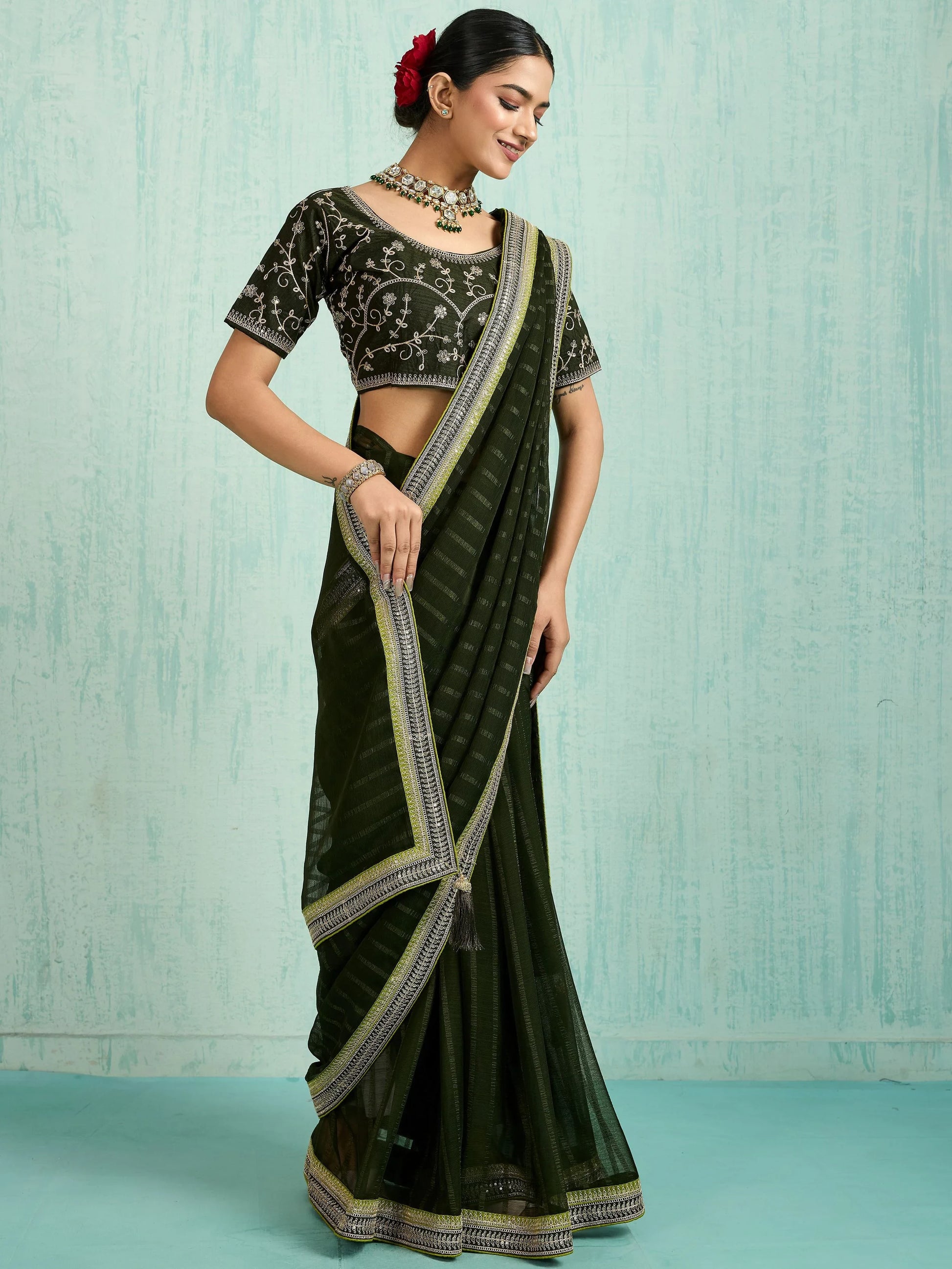 Stunning Olive Green Embroidery Border Chiffon Event Wear Saree With Blouse