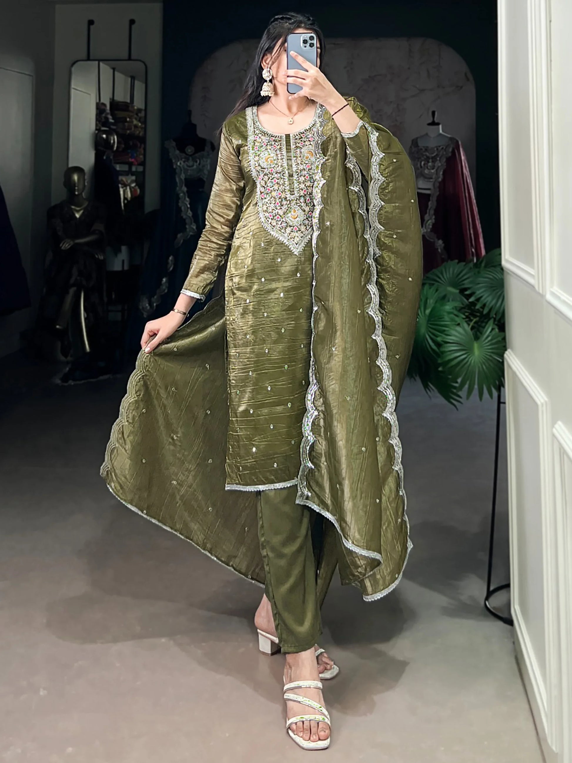 Stunning Olive Green Sequins Crush Silk Party Wear Pant Suit With Dupatta - Zeel Clothing