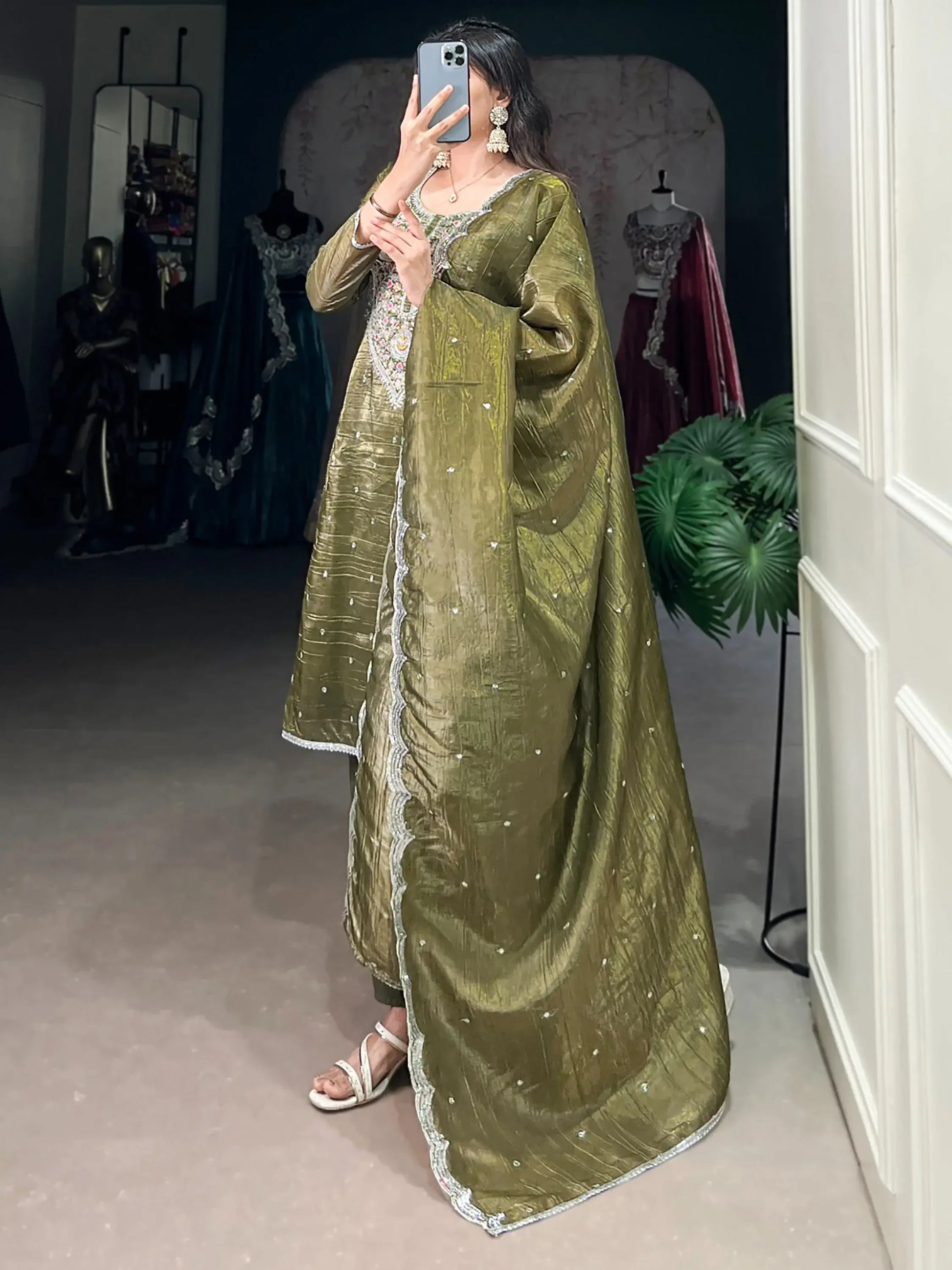 Stunning Olive Green Sequins Crush Silk Party Wear Pant Suit With Dupatta - Zeel Clothing