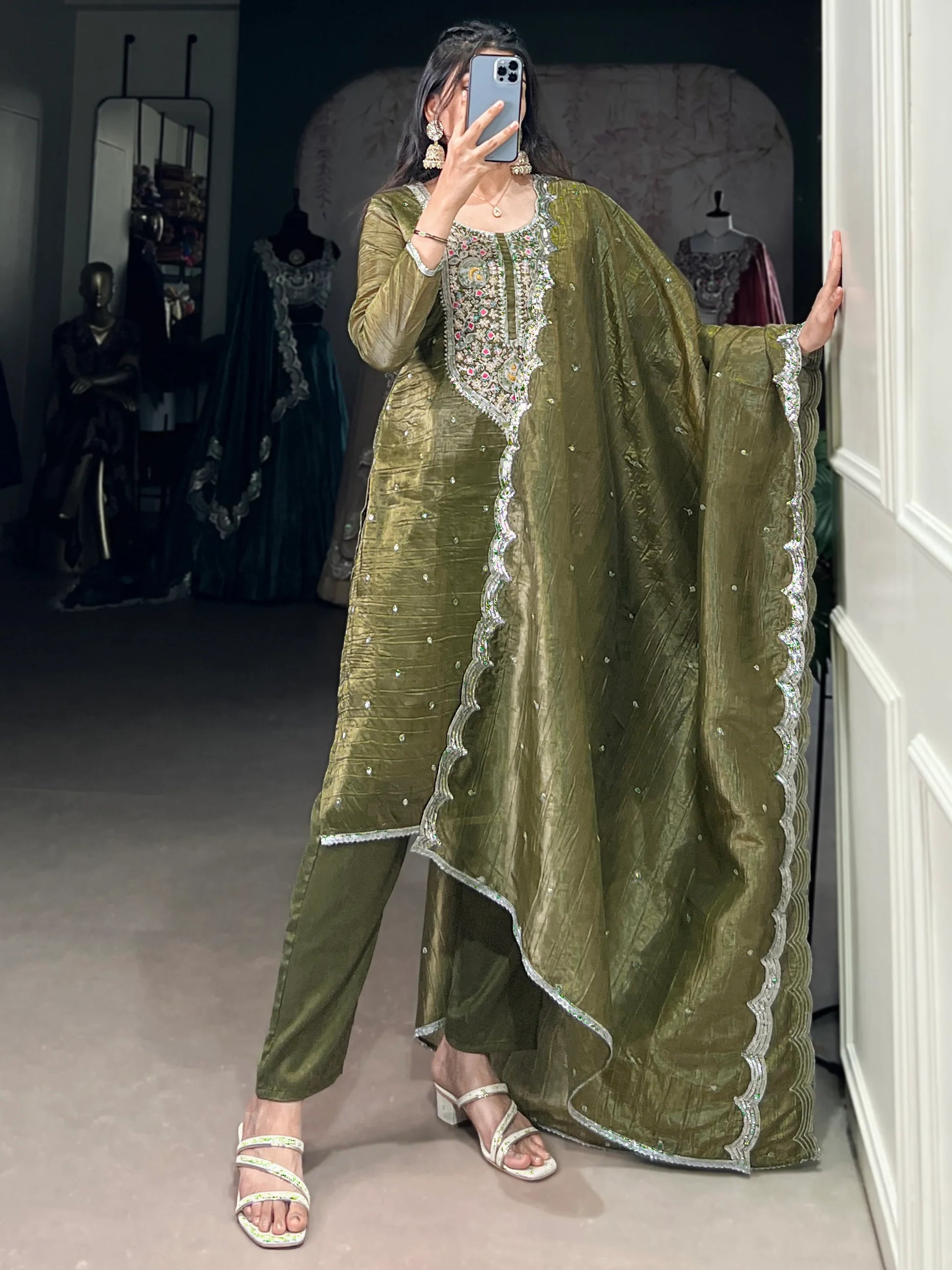 Stunning Olive Green Sequins Crush Silk Party Wear Pant Suit With Dupatta - Zeel Clothing