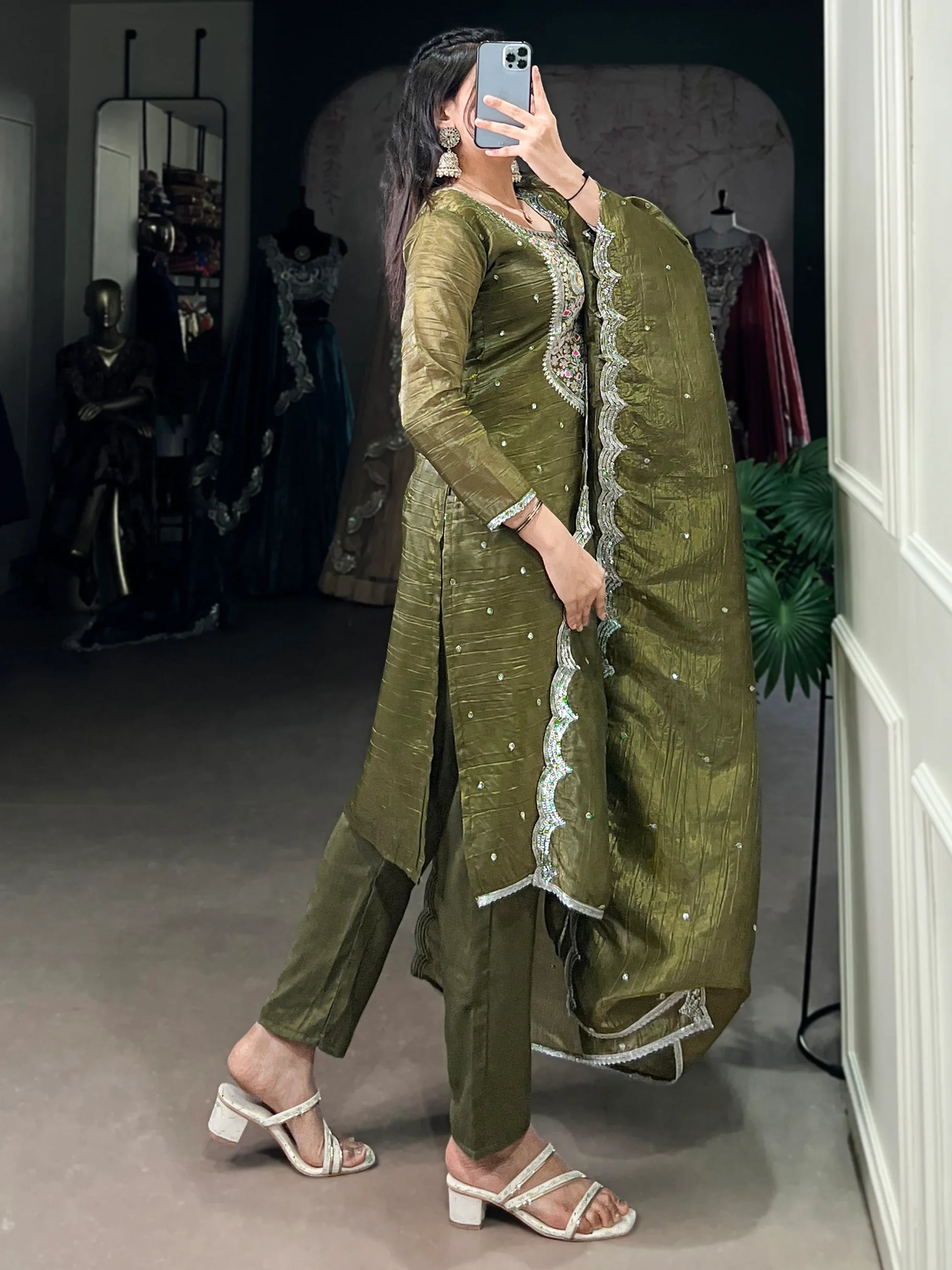 Stunning Olive Green Sequins Crush Silk Party Wear Pant Suit With Dupatta - Zeel Clothing