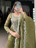 Stunning Olive Green Sequins Crush Silk Party Wear Pant Suit With Dupatta - Zeel Clothing