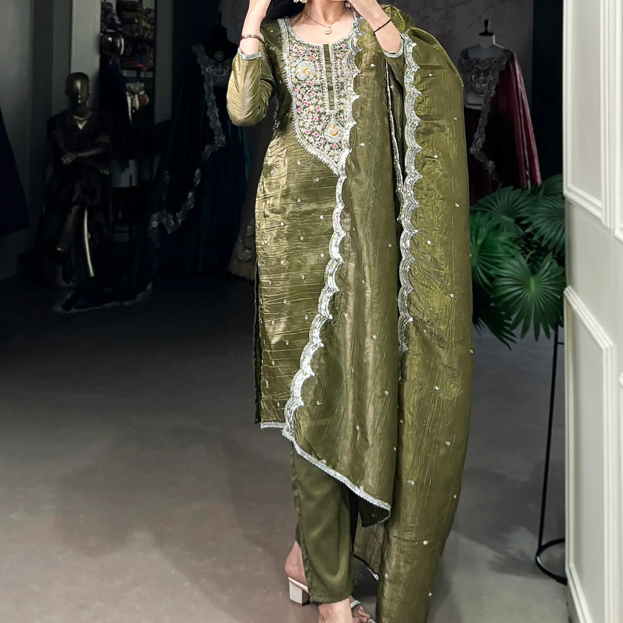 Stunning Olive Green Sequins Crush Silk Party Wear Pant Suit With Dupatta - Zeel Clothing