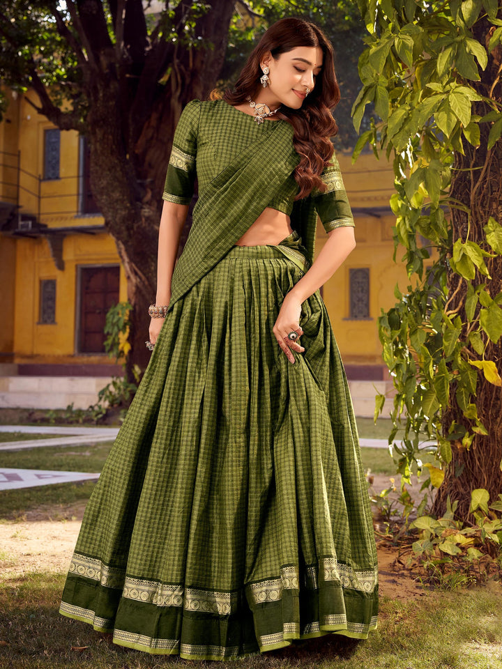 Stunning Olive Green Zari Weaving Cotton Evening Wear Lehenga Choli With Dupatta